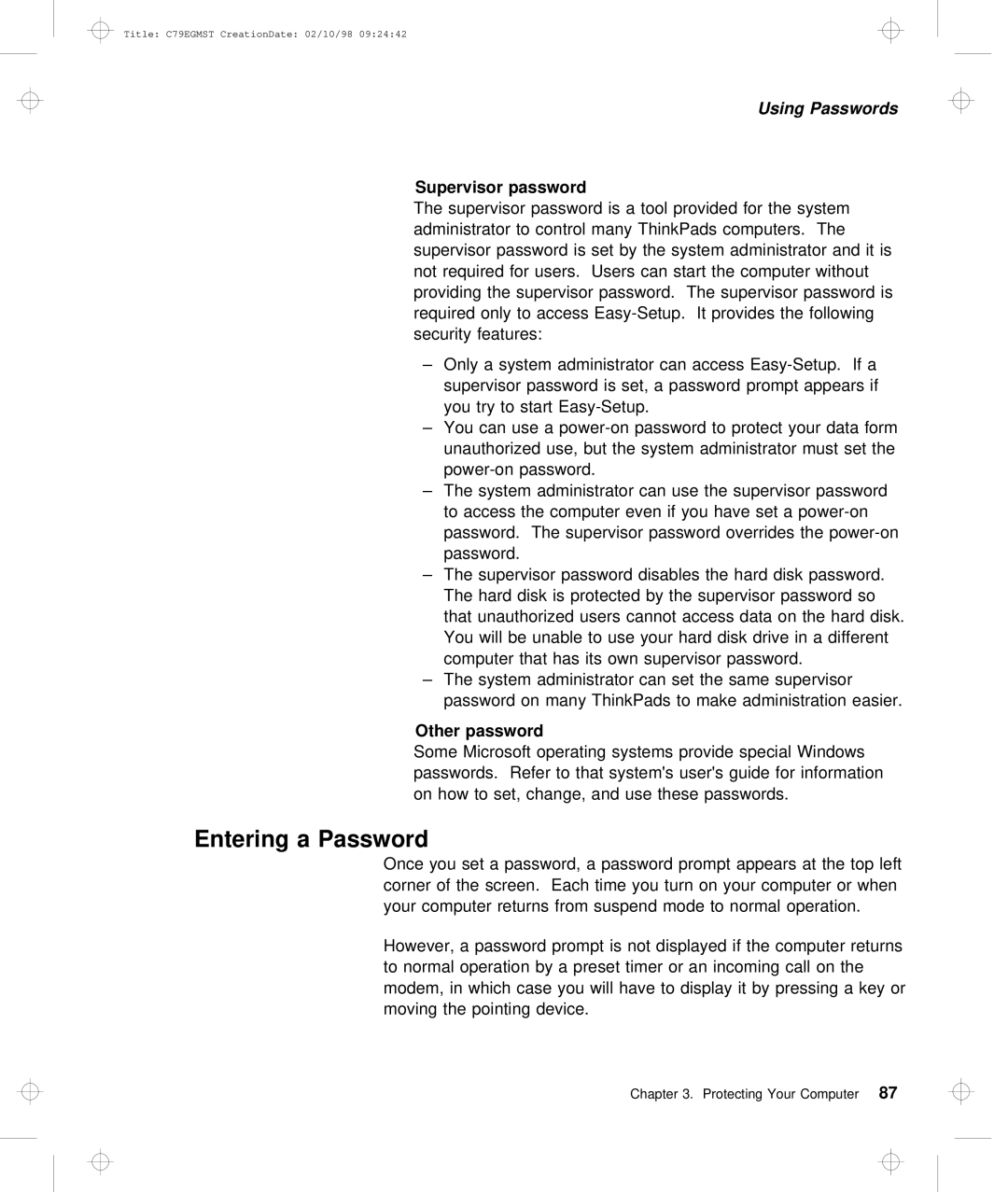 IBM C79EGMST manual Entering a Password, Supervisor password, Other password 