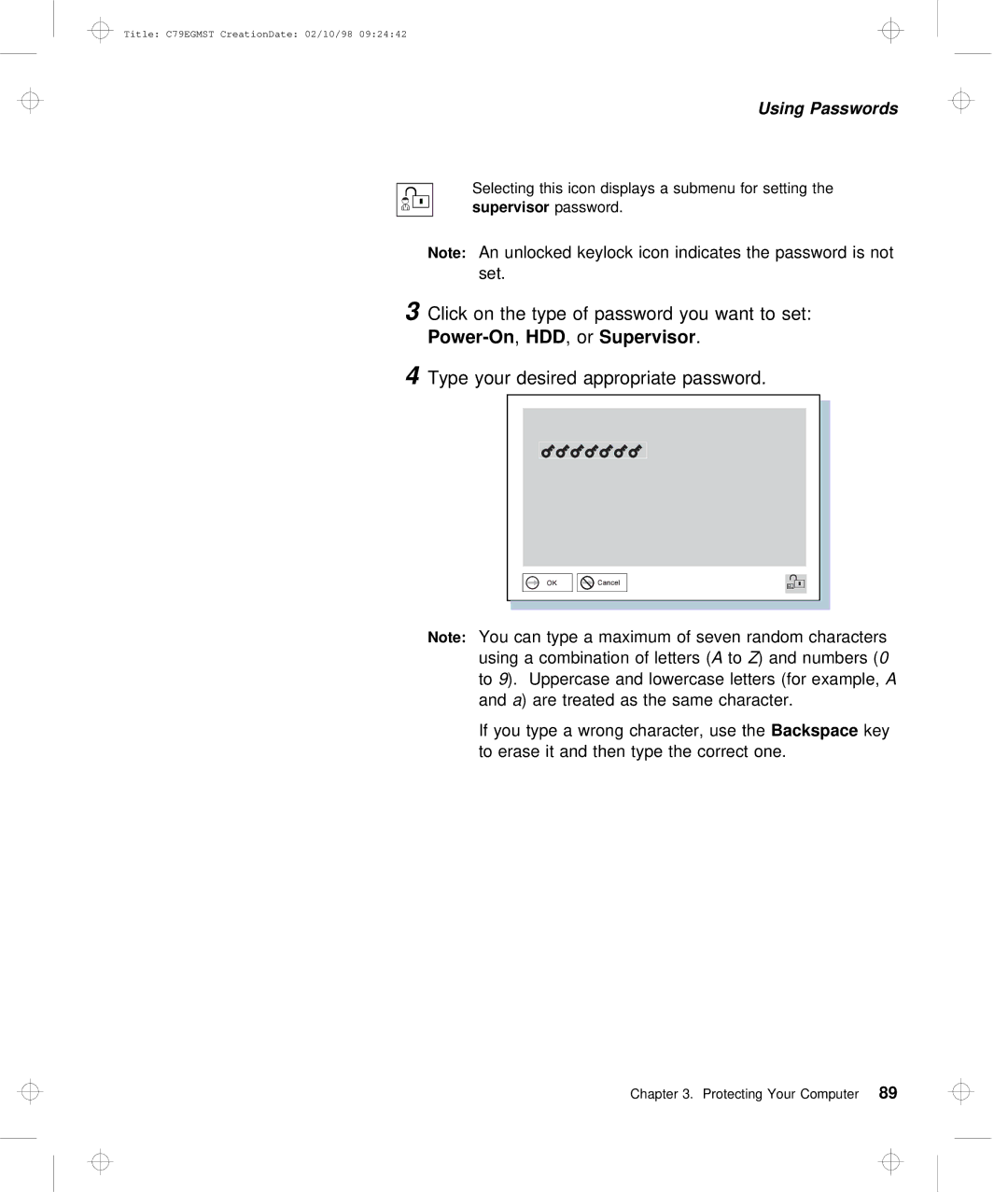 IBM C79EGMST Click Type of password You Want to set, Type Your Desired Appropriate Password, Supervisor password, Hdd 