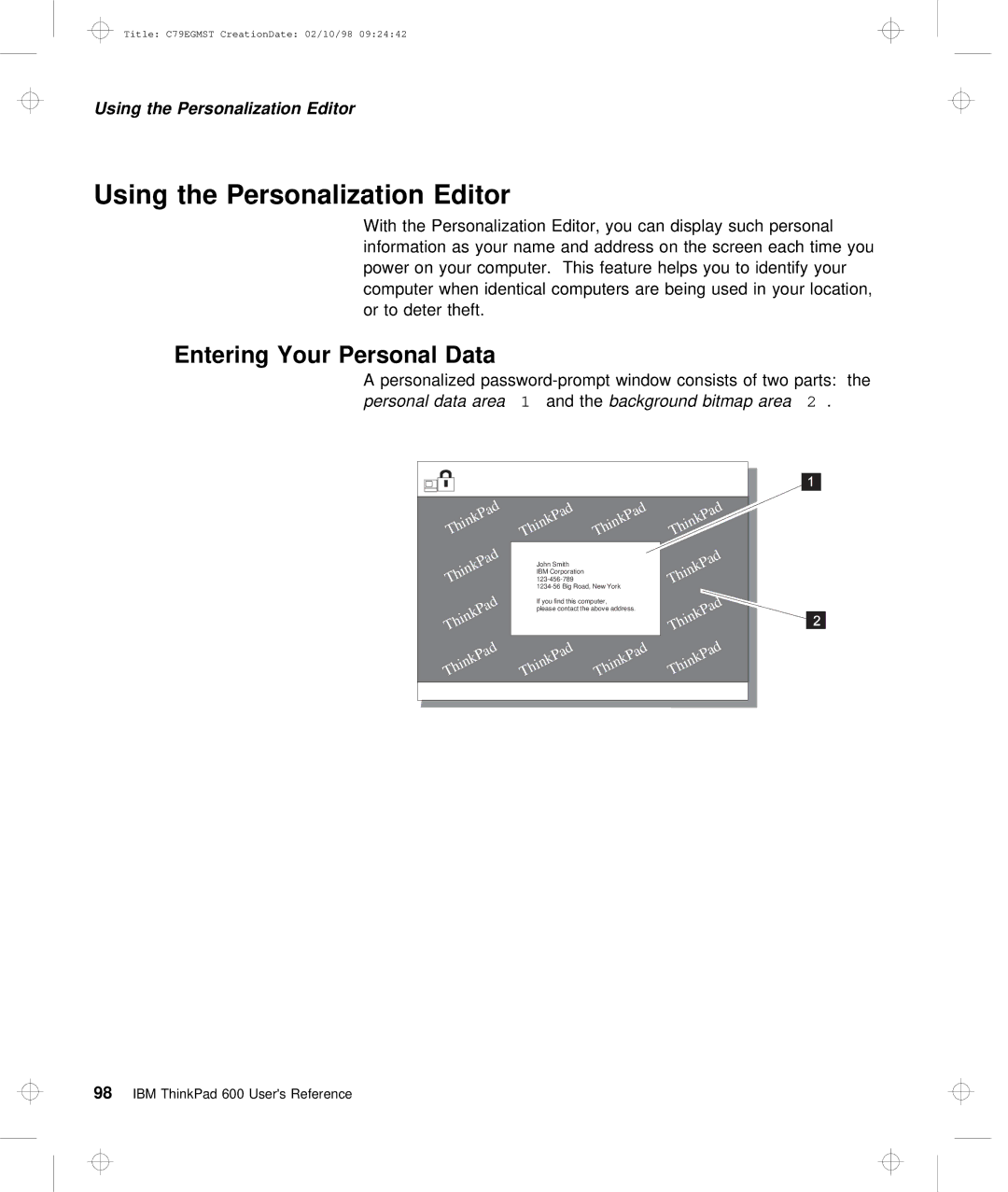 IBM C79EGMST manual Using the Personalization Editor, Entering Your Personal Data 