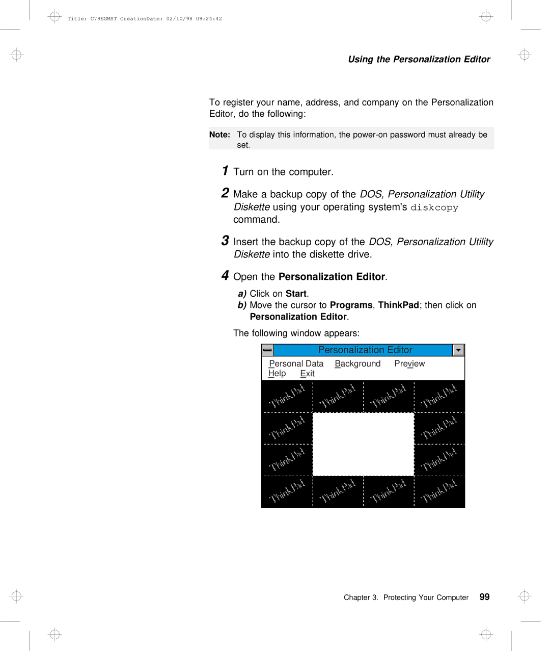 IBM C79EGMST manual 1Turn on the computer, Command, Open thePersonalization Editor 