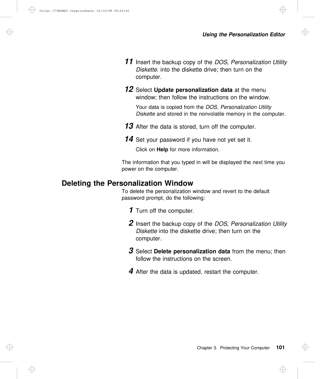 IBM C79EGMST manual Deleting the Personalization Window, Data 