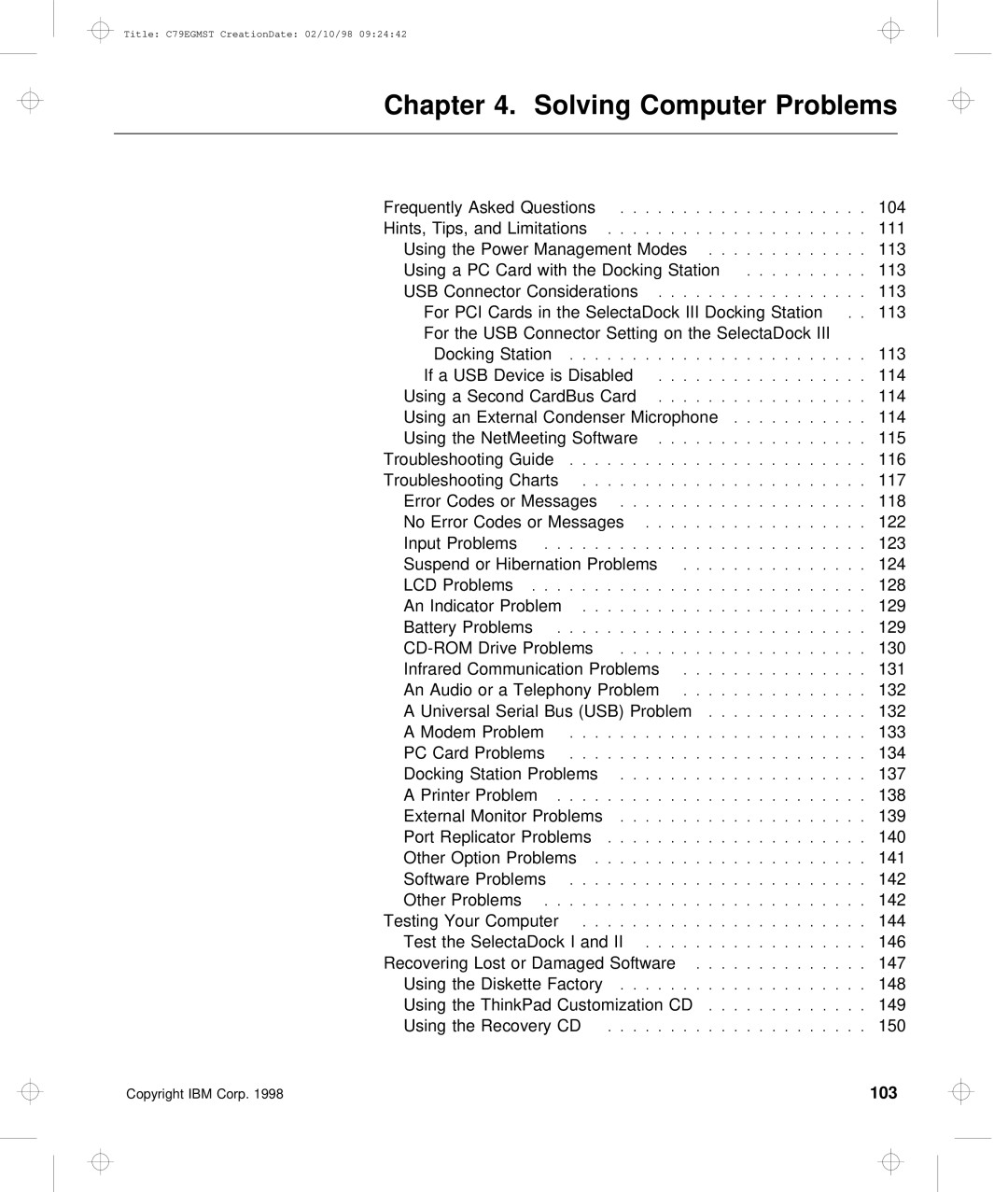 IBM C79EGMST manual Solving Computer Problems, 103 