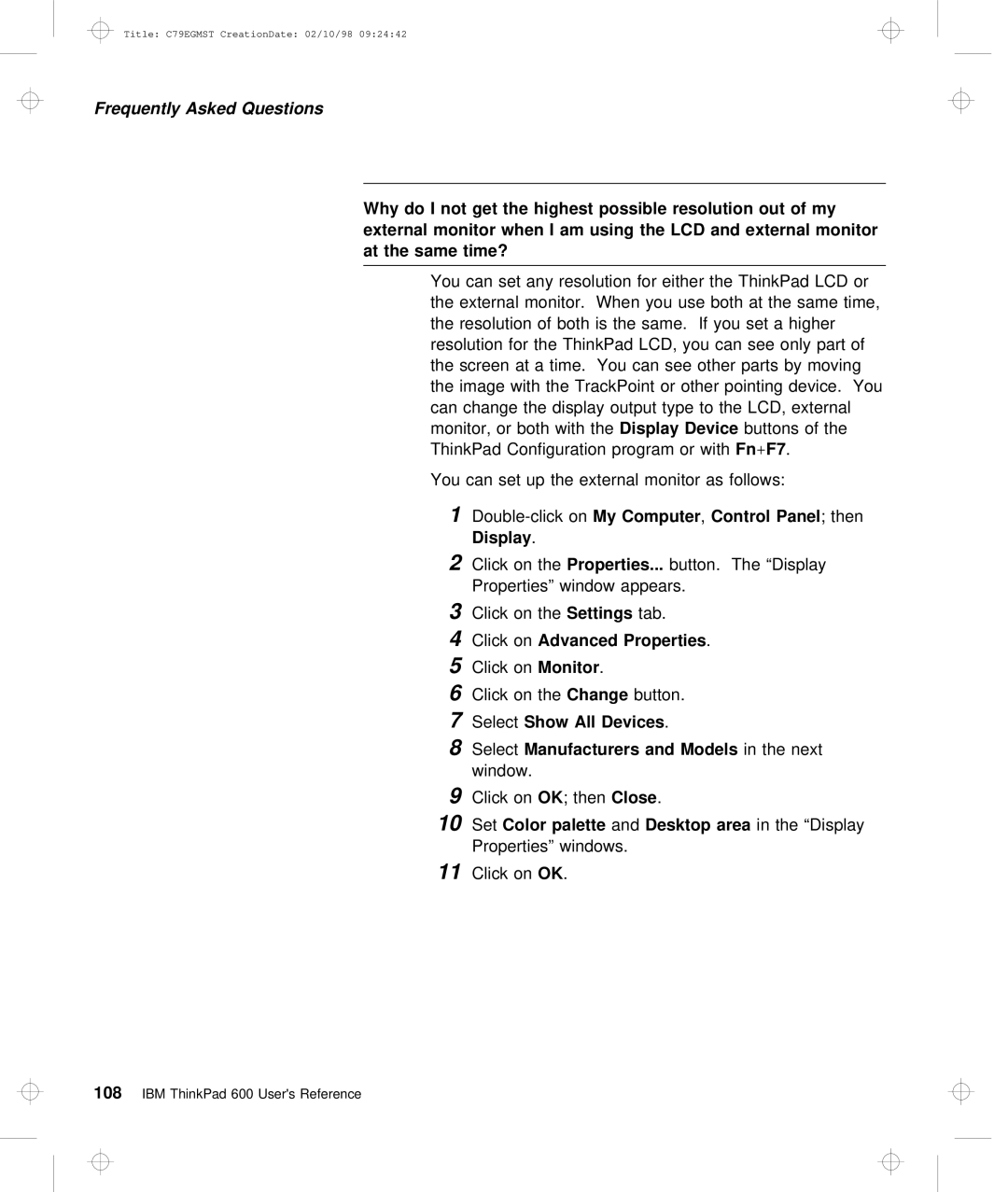 IBM C79EGMST manual Not Get, Out, Display Click on theProperties, OnMonitor, Devices, Area 