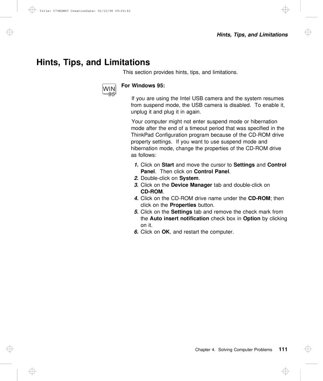 IBM C79EGMST manual Hints, Tips, and Limitations, Panel, Insert Notification 