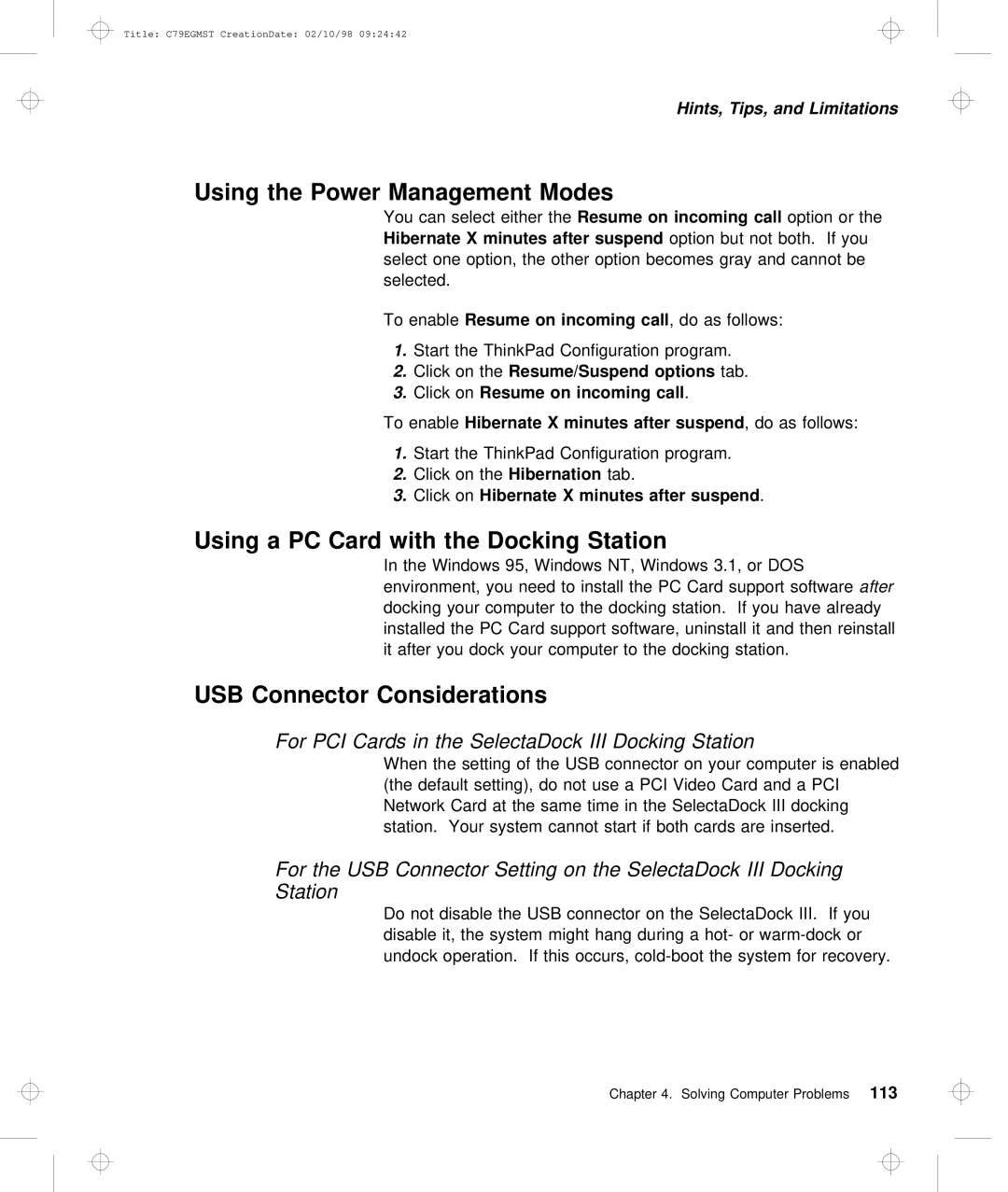 IBM C79EGMST USB Connector Considerations, For PCI Cards in the SelectaDock III Docking Station, Call, After Suspend 