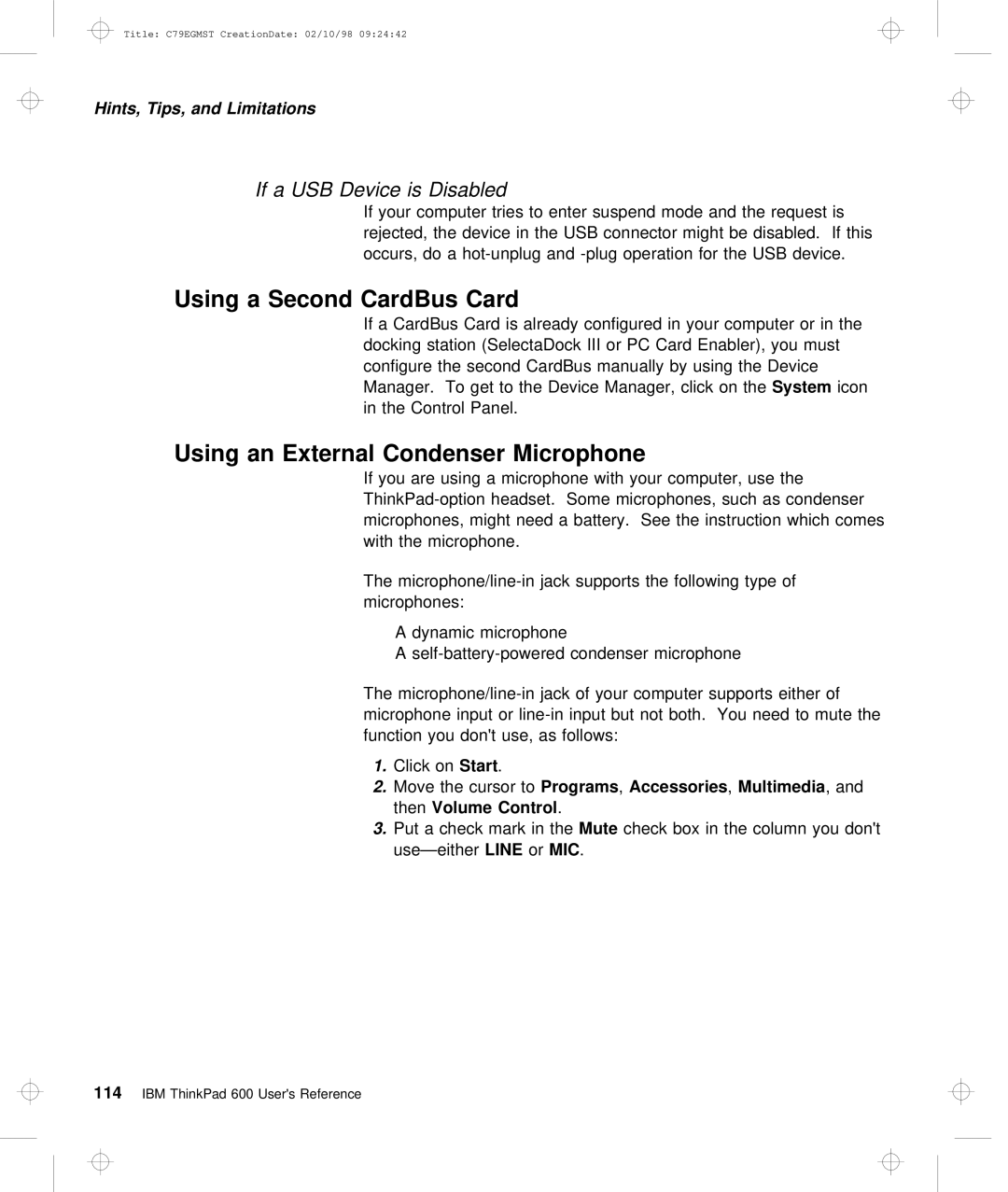 IBM C79EGMST manual Using a Second CardBus Card, Using an External Condenser Microphone, If a USB Device is Disabled 