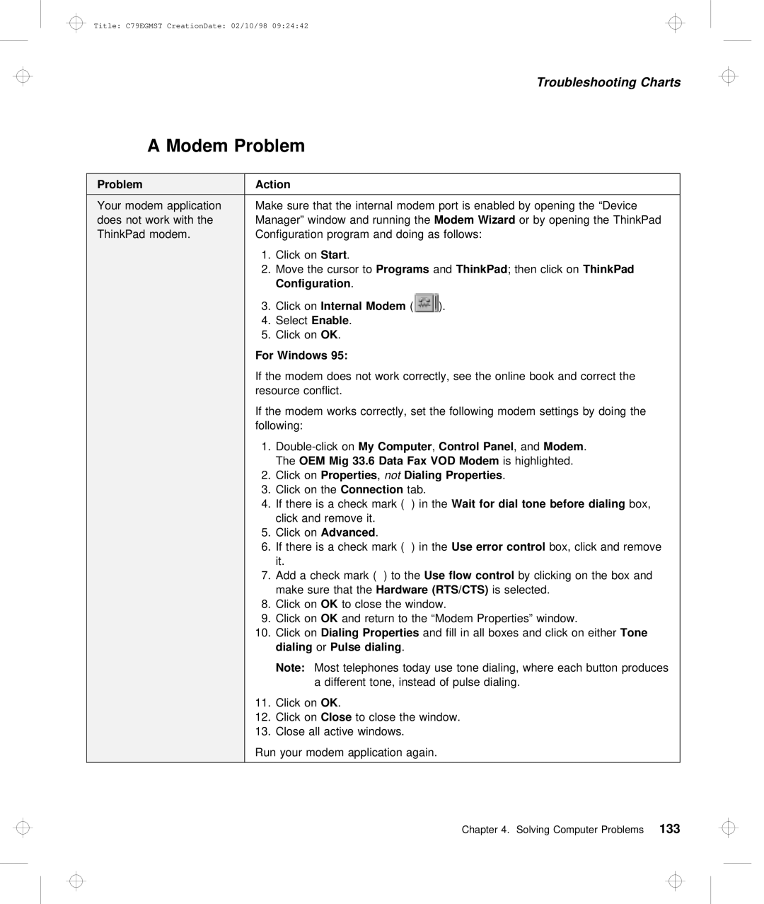 IBM C79EGMST manual Modem, ClickThinkPadon, For Windows, Mig, Dialing 