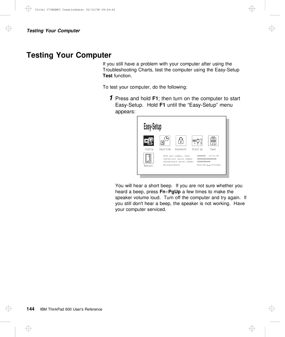 IBM C79EGMST manual Testing Your Computer, Password Start up Test 