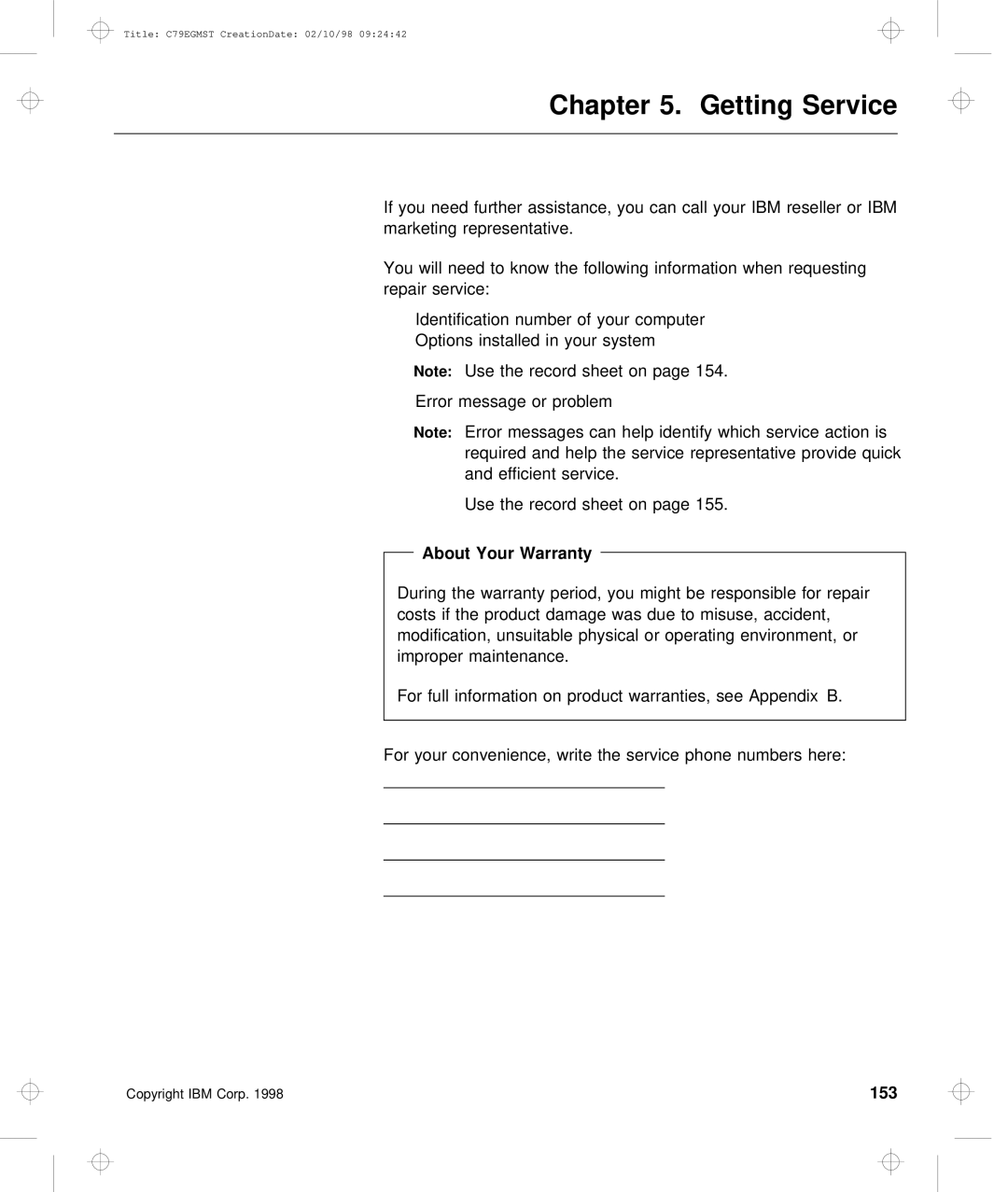 IBM C79EGMST manual Getting Service, About Your Warranty, 153 