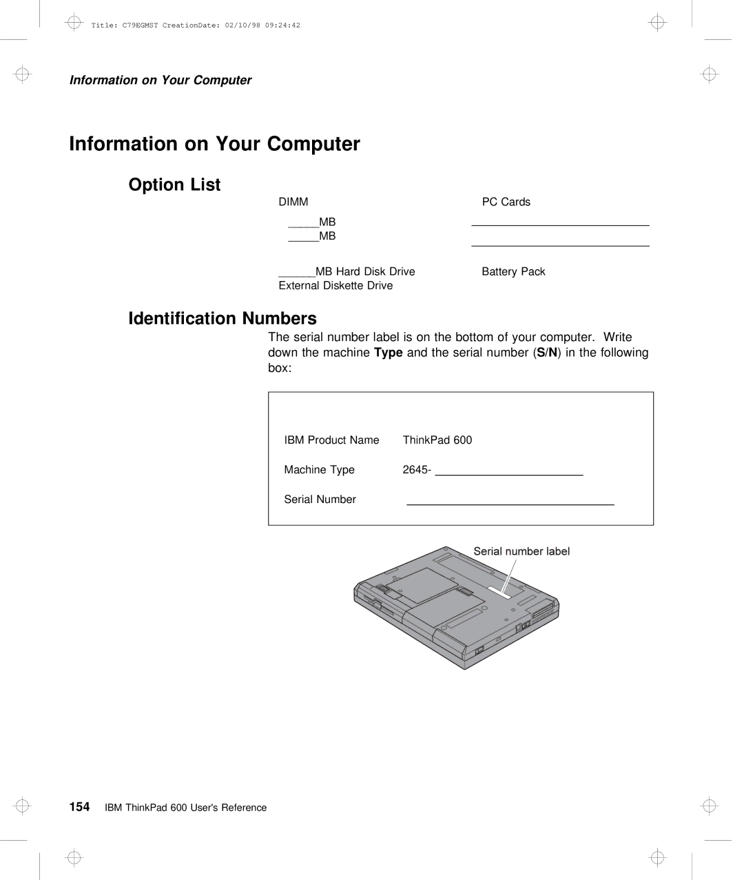 IBM C79EGMST manual Information on Your Computer, Option List, Identification Numbers 