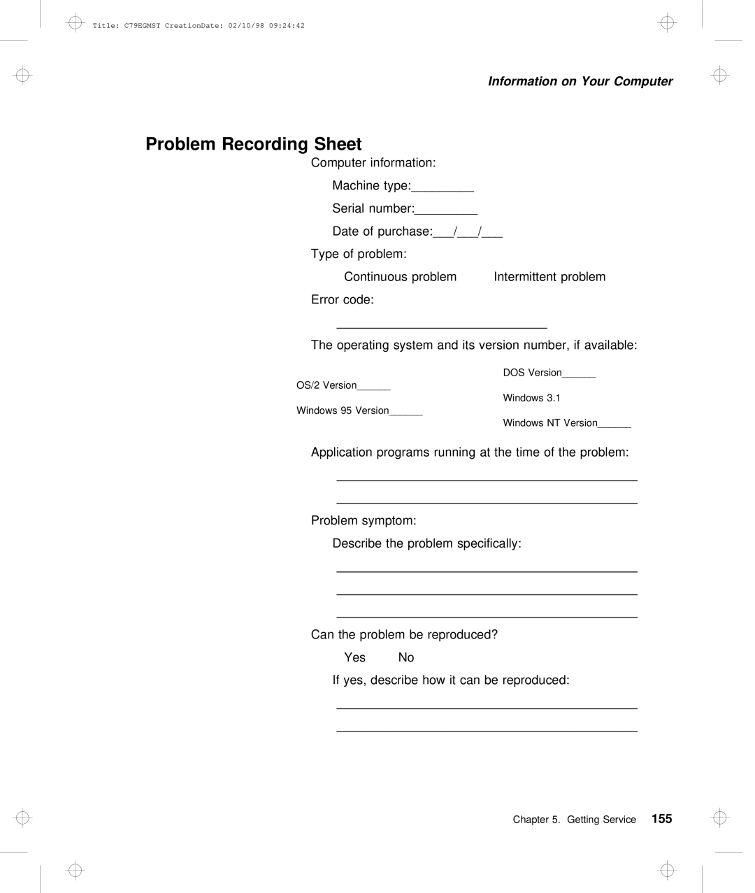 IBM C79EGMST manual Problem Recording Sheet 