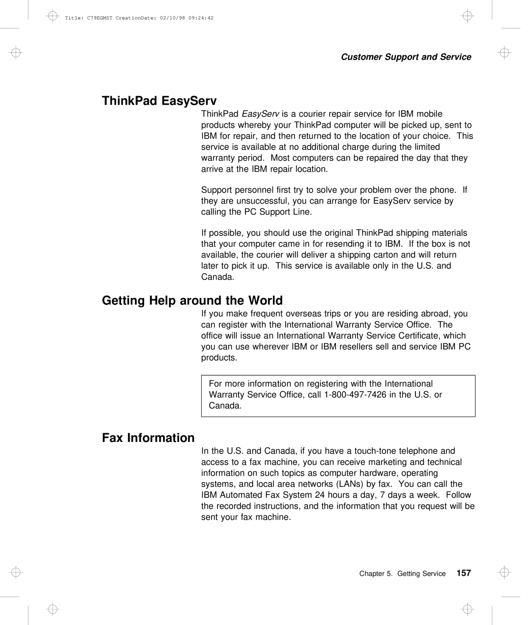 IBM C79EGMST manual ThinkPad EasyServ, World, Fax Information 