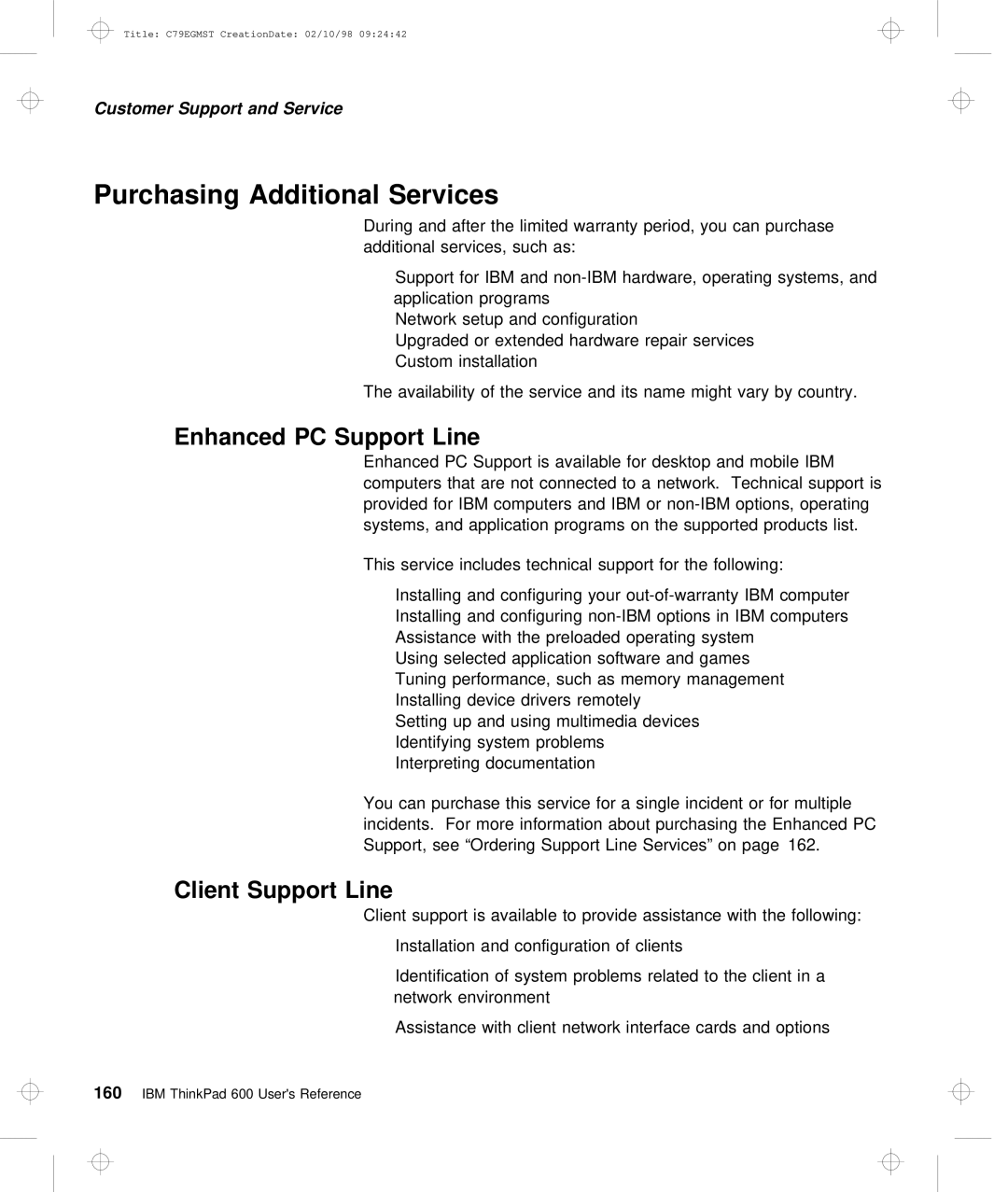 IBM C79EGMST manual Purchasing Additional Services, Enhanced PC Support Line, Client Support Line 