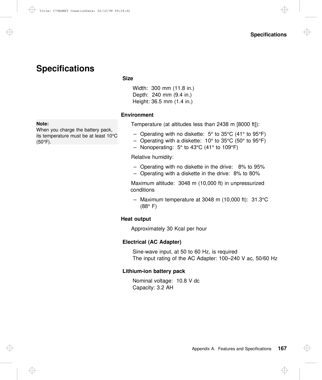 IBM C79EGMST manual Specifications, Size, Environment, Heat output, Lithium-ion battery pack 