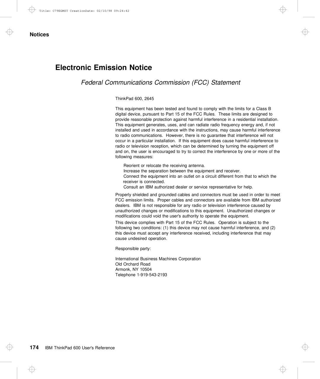 IBM C79EGMST manual Electronic Emission Notice, Federal Communications Commission FCC Statement 