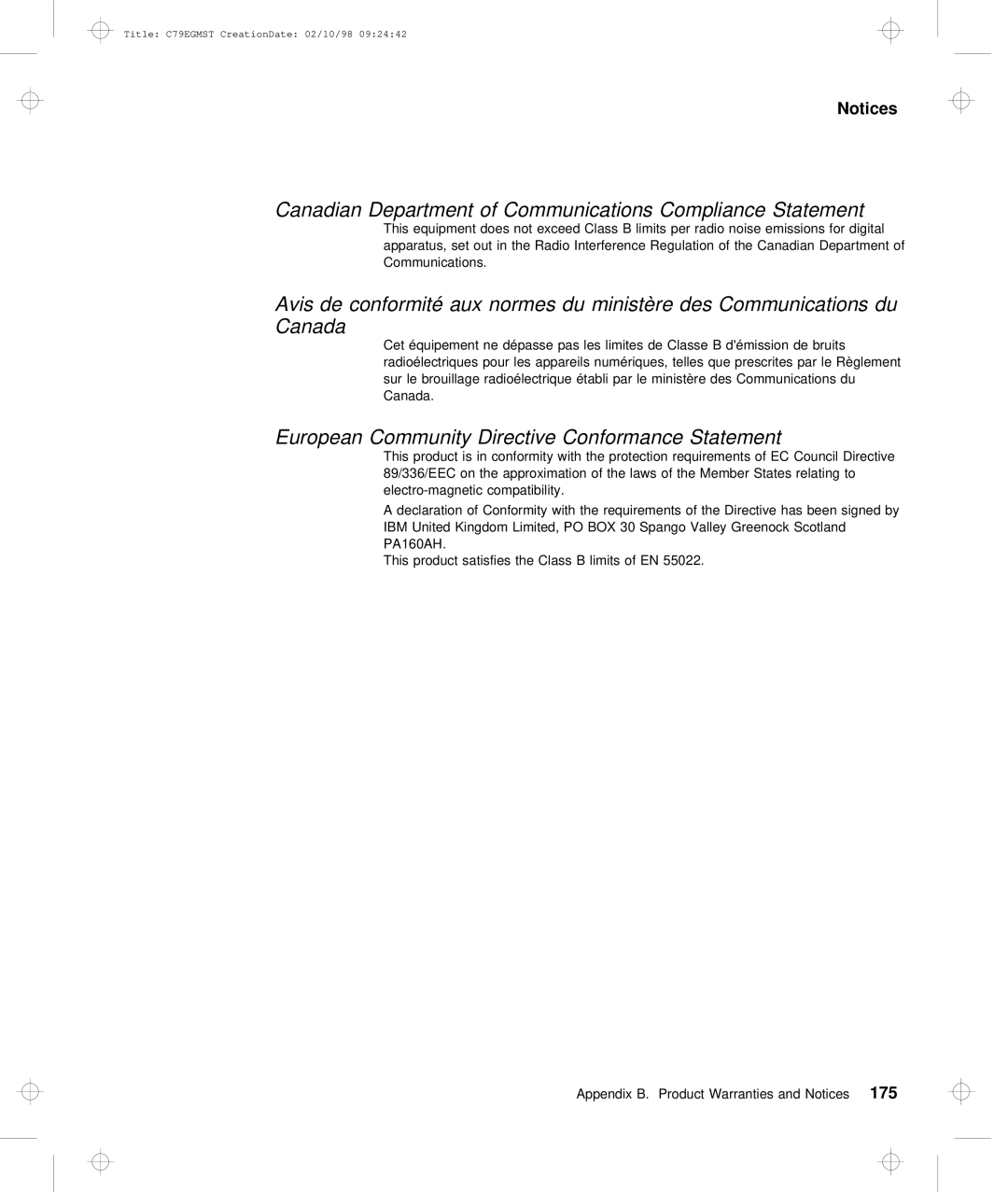 IBM C79EGMST manual Canadian Department of Communications Compliance Statement 