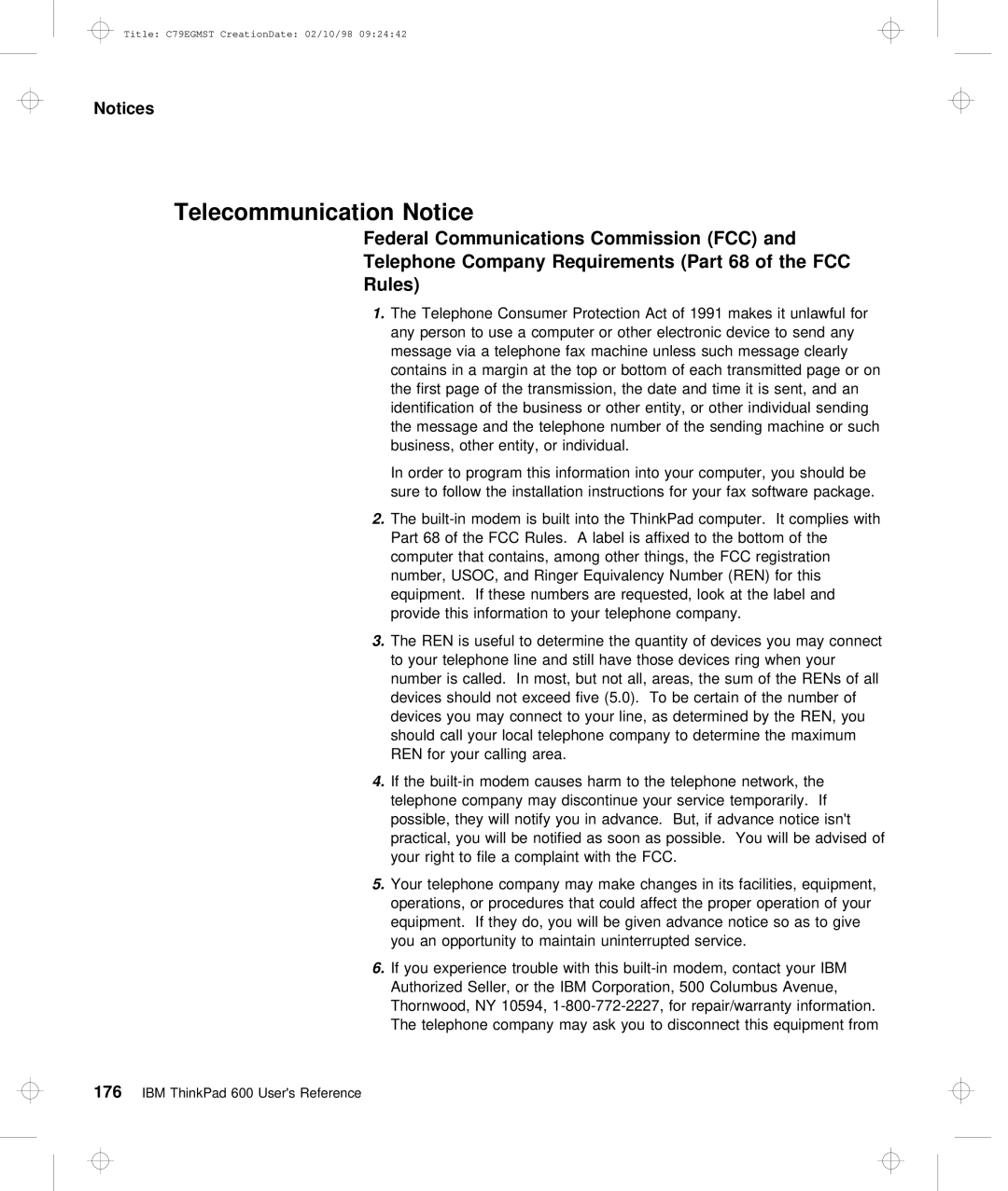 IBM C79EGMST manual Telecommunication Notice, Part, Federal, Commission FCC 