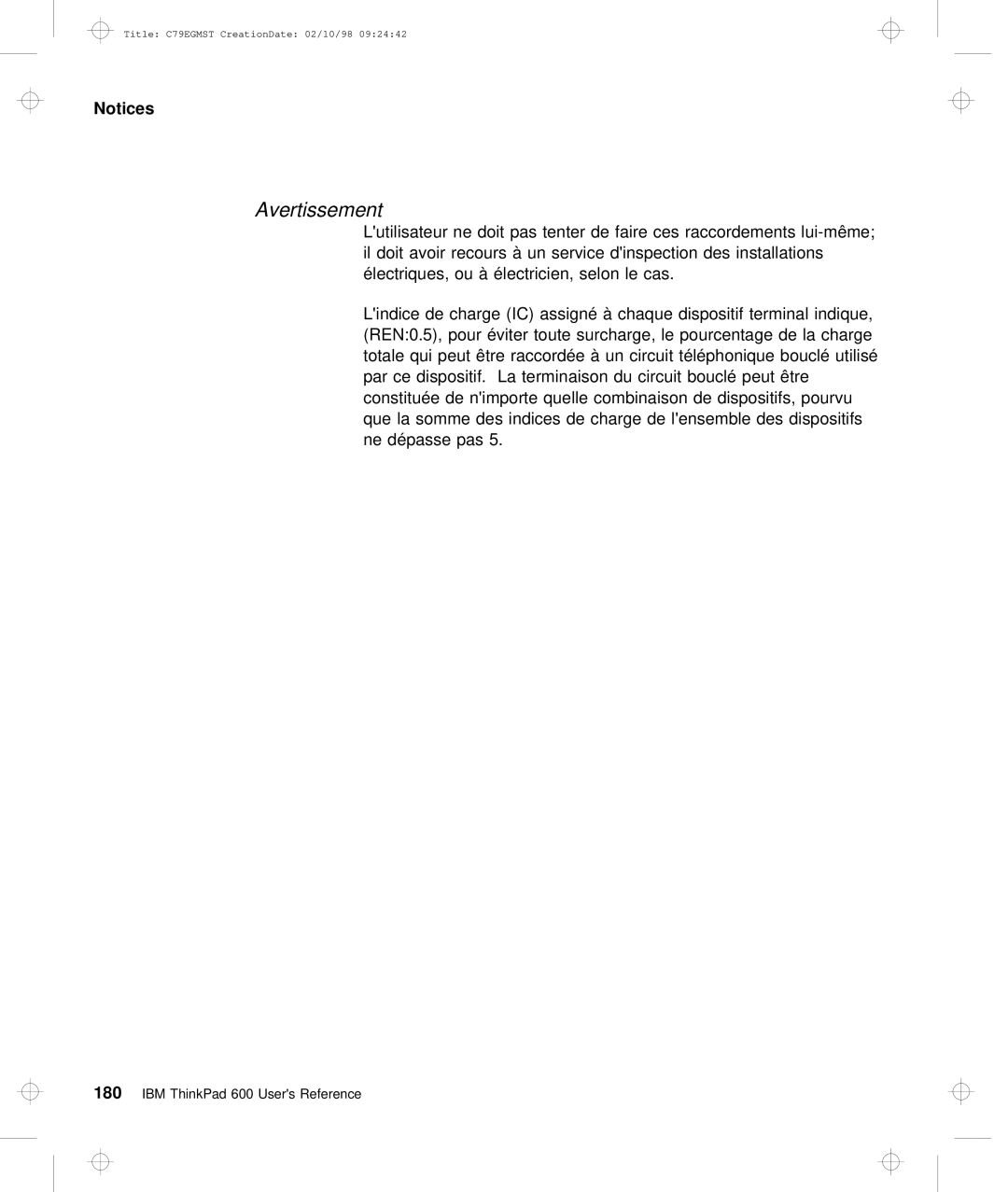 IBM C79EGMST manual Avertissement 