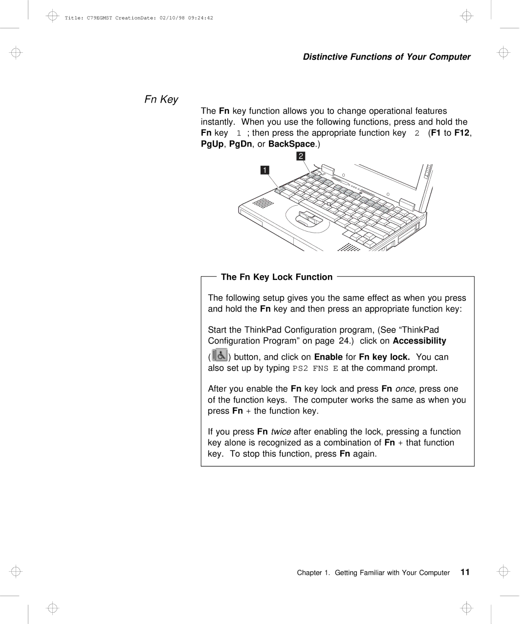 IBM C79EGMST manual Fn Key, PgDn, Key Lock Function, ForFn key 