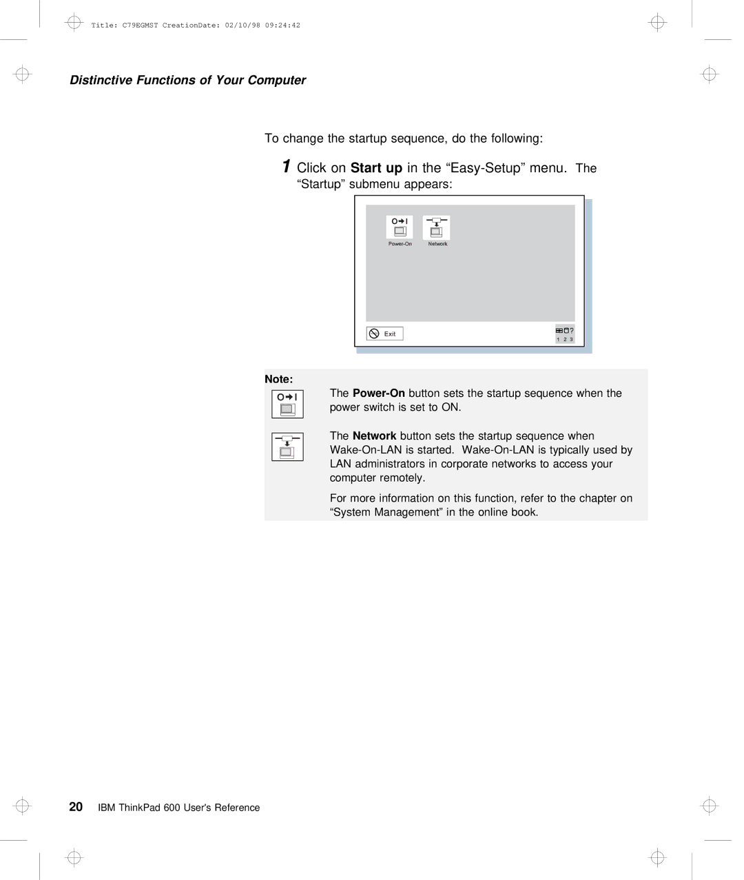 IBM C79EGMST manual 1Click onStart up in the Easy-Setup Themenu, Startup submenu appears 