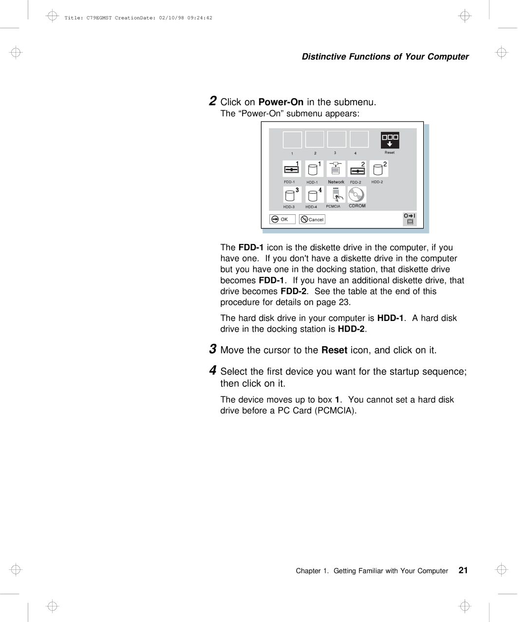 IBM C79EGMST manual Click, Submenu, FDD-1 