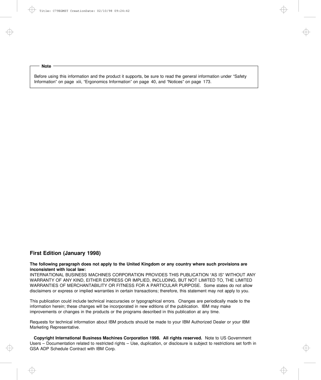 IBM C79EGMST manual First, 1998 