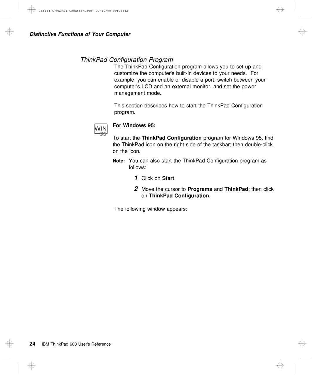 IBM C79EGMST manual ThinkPad Configuration Program, OnStart 