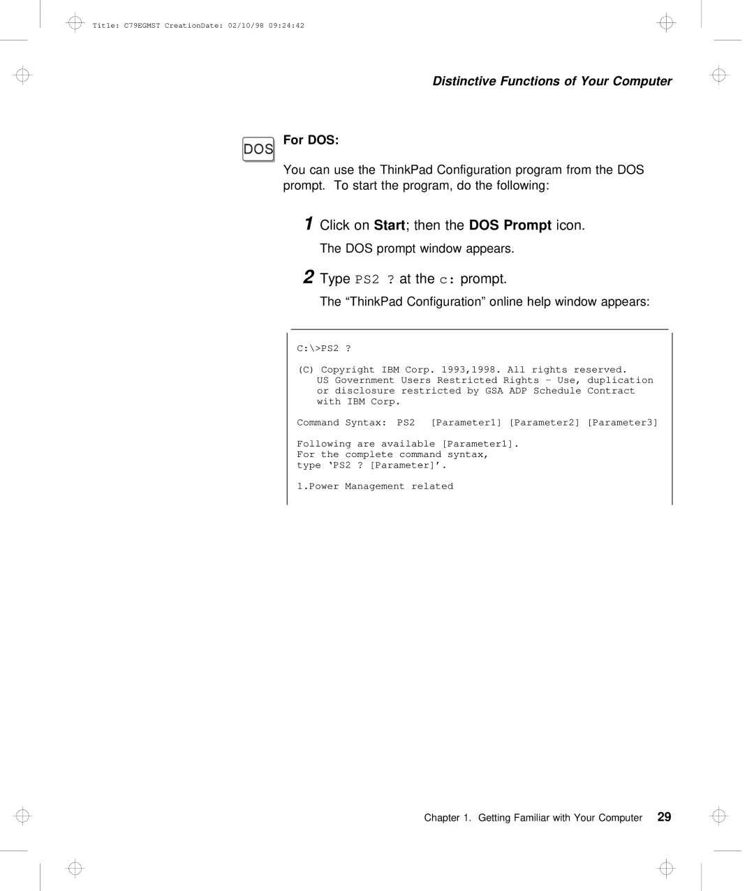 IBM C79EGMST manual 1Click on Start, Type PS2 ?, For DOS 