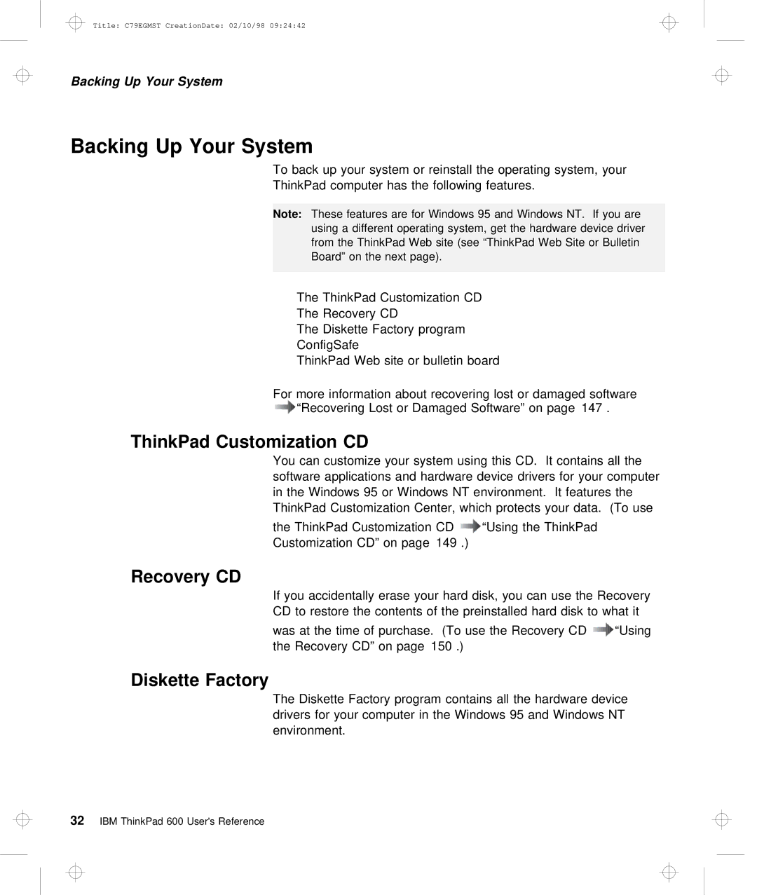 IBM C79EGMST manual Backing Up Your System, ThinkPad Customization CD, Recovery CD, Diskette Factory 