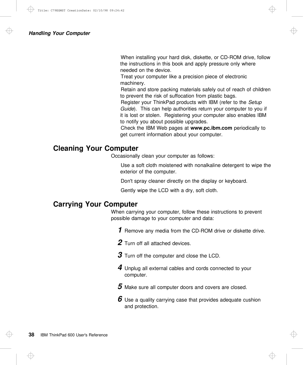 IBM C79EGMST manual Cleaning Your Computer, Carrying Your Computer 