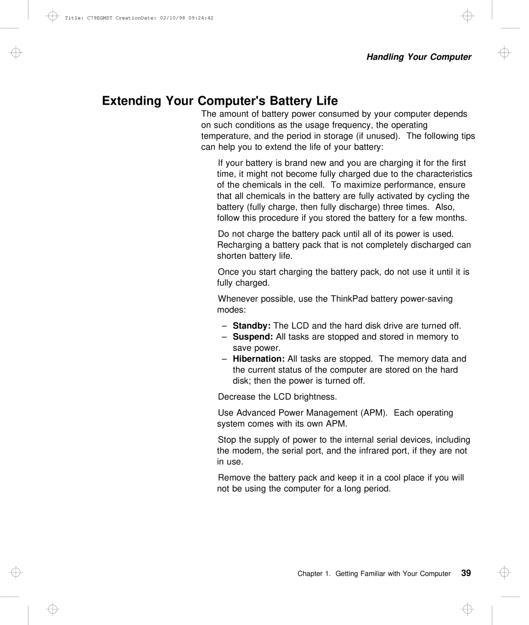 IBM C79EGMST manual Extending Your Computers Battery, Life 