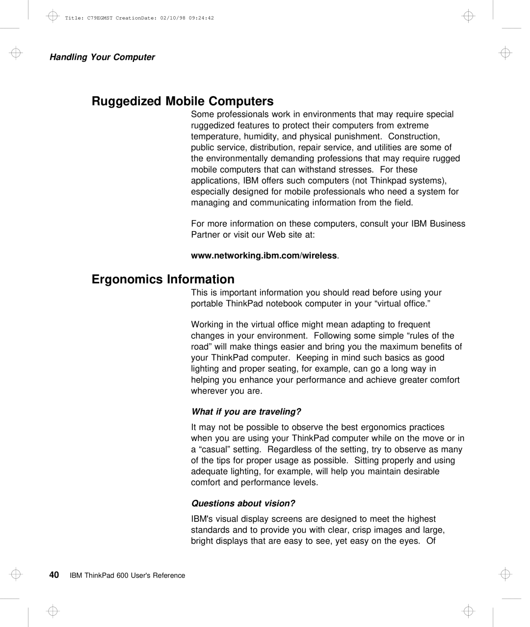 IBM C79EGMST manual Ruggedized Mobile Computers, Ergonomics Information 