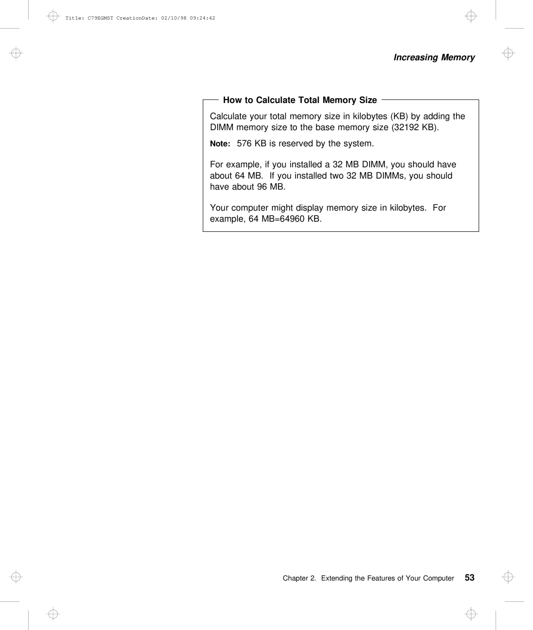 IBM C79EGMST manual How to Calculate Total Memory Size 