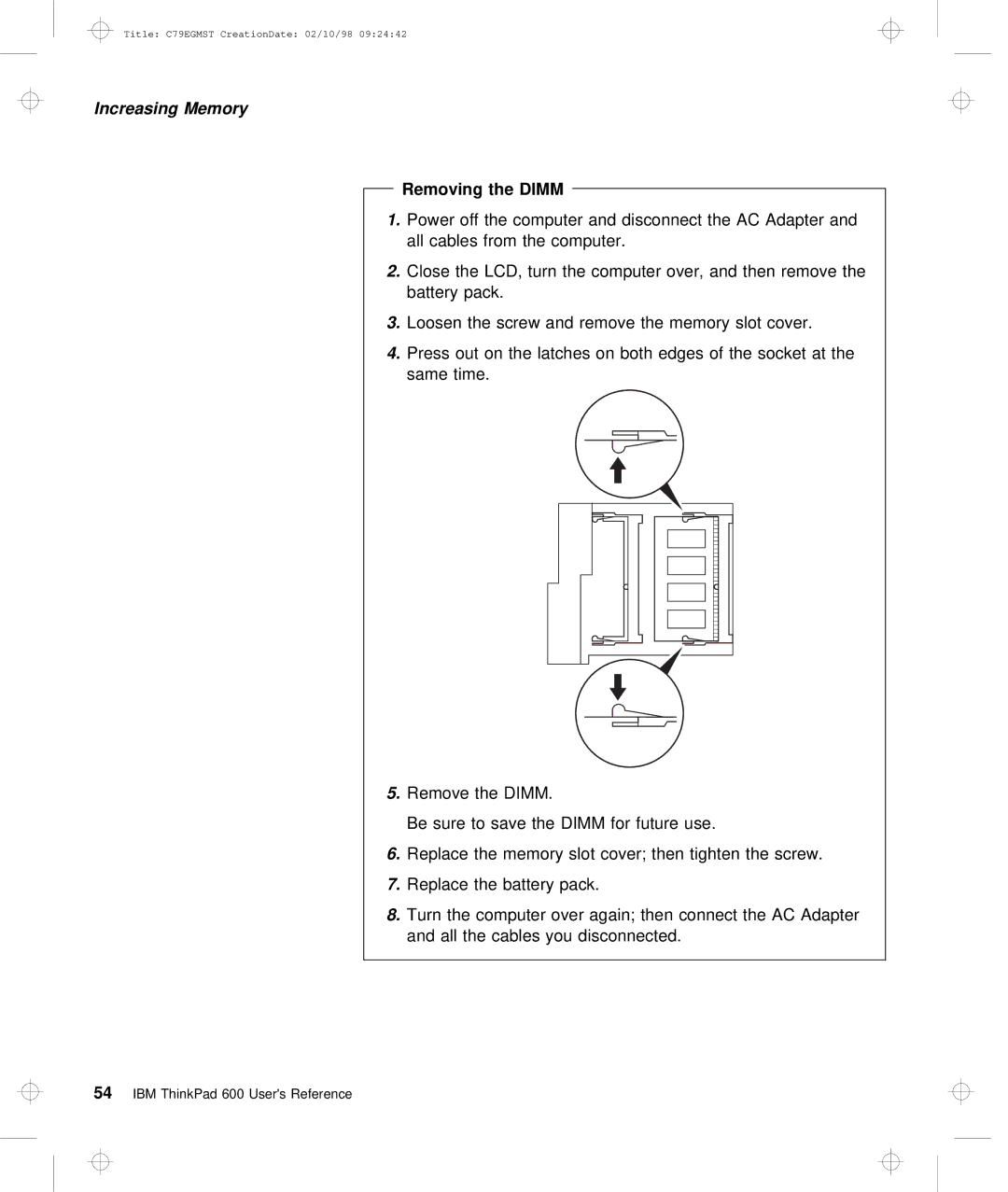 IBM C79EGMST manual Removing Dimm 