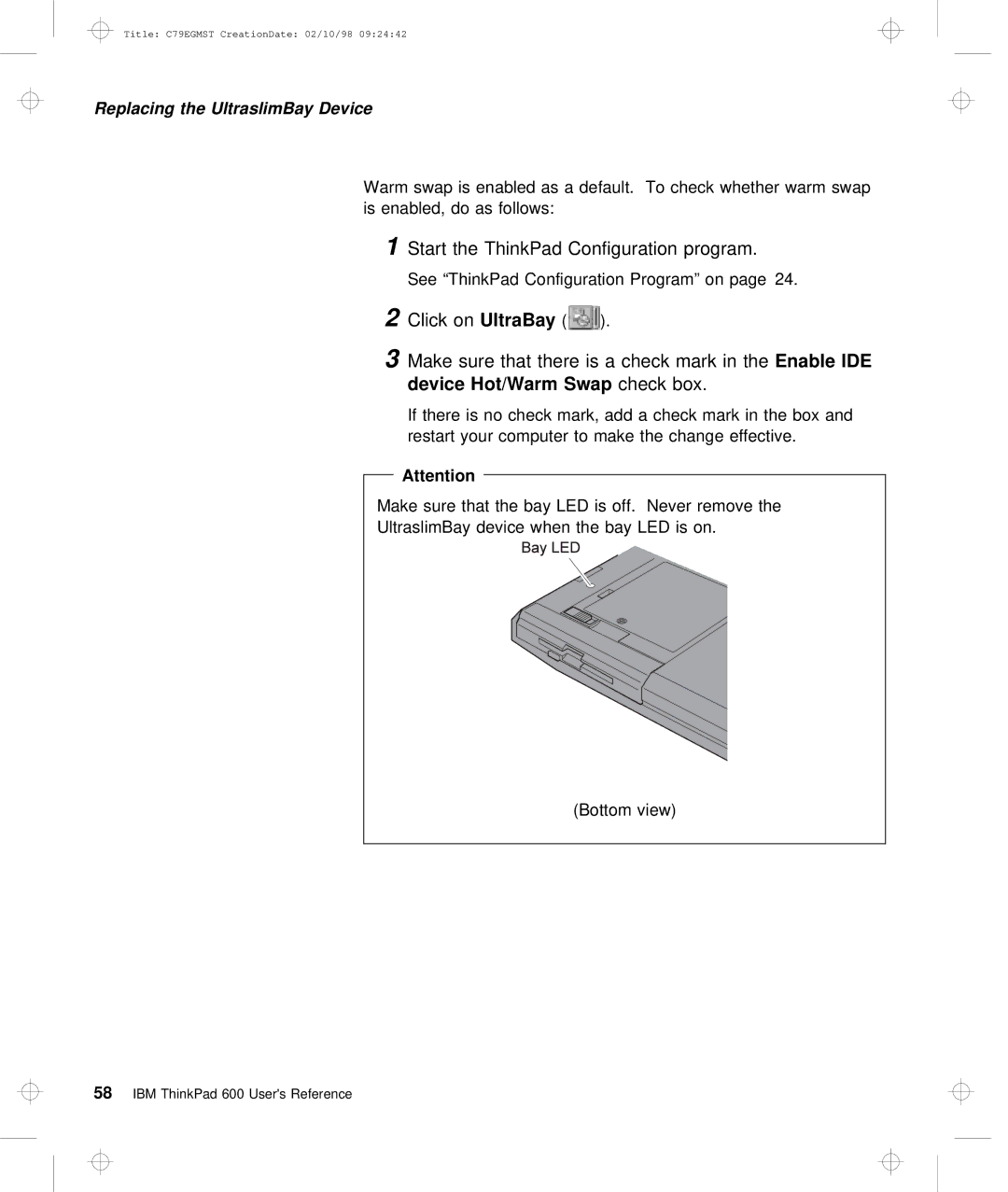 IBM C79EGMST manual OnUltraBay, Make Sure That There is a checkEnablemarkIDE, Swap, Check box 