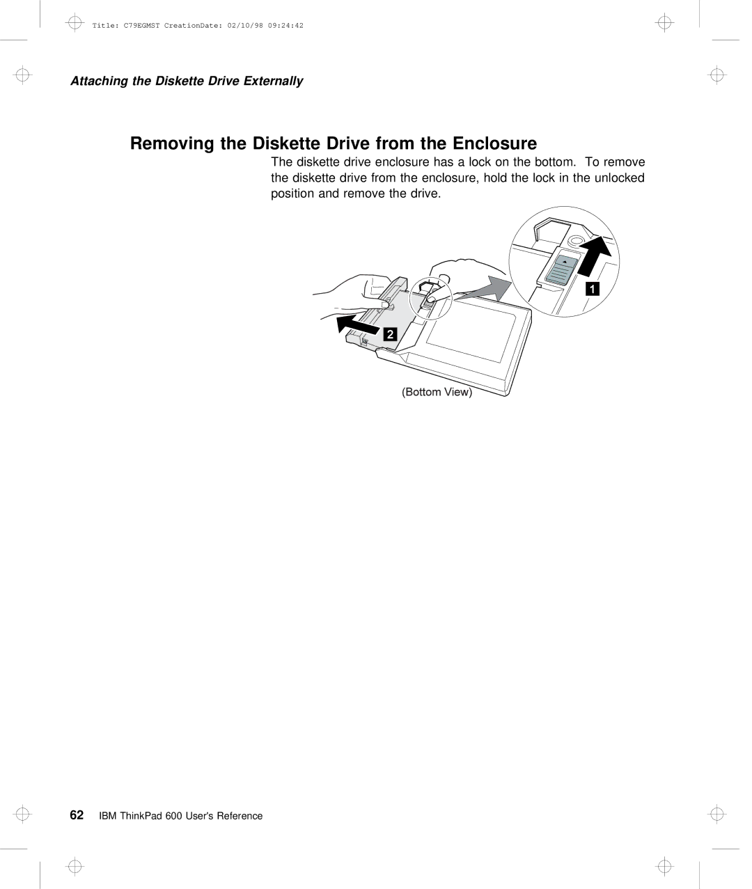 IBM C79EGMST manual Removing the Diskette Drive from the Enclosure 