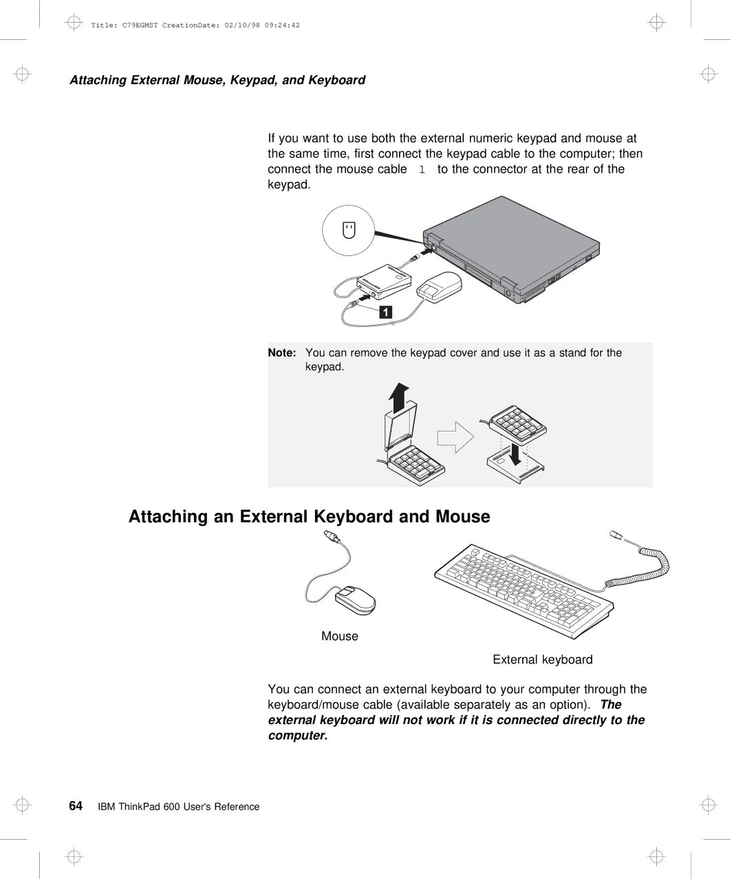 IBM C79EGMST manual Attaching an External Keyboard and Mouse 