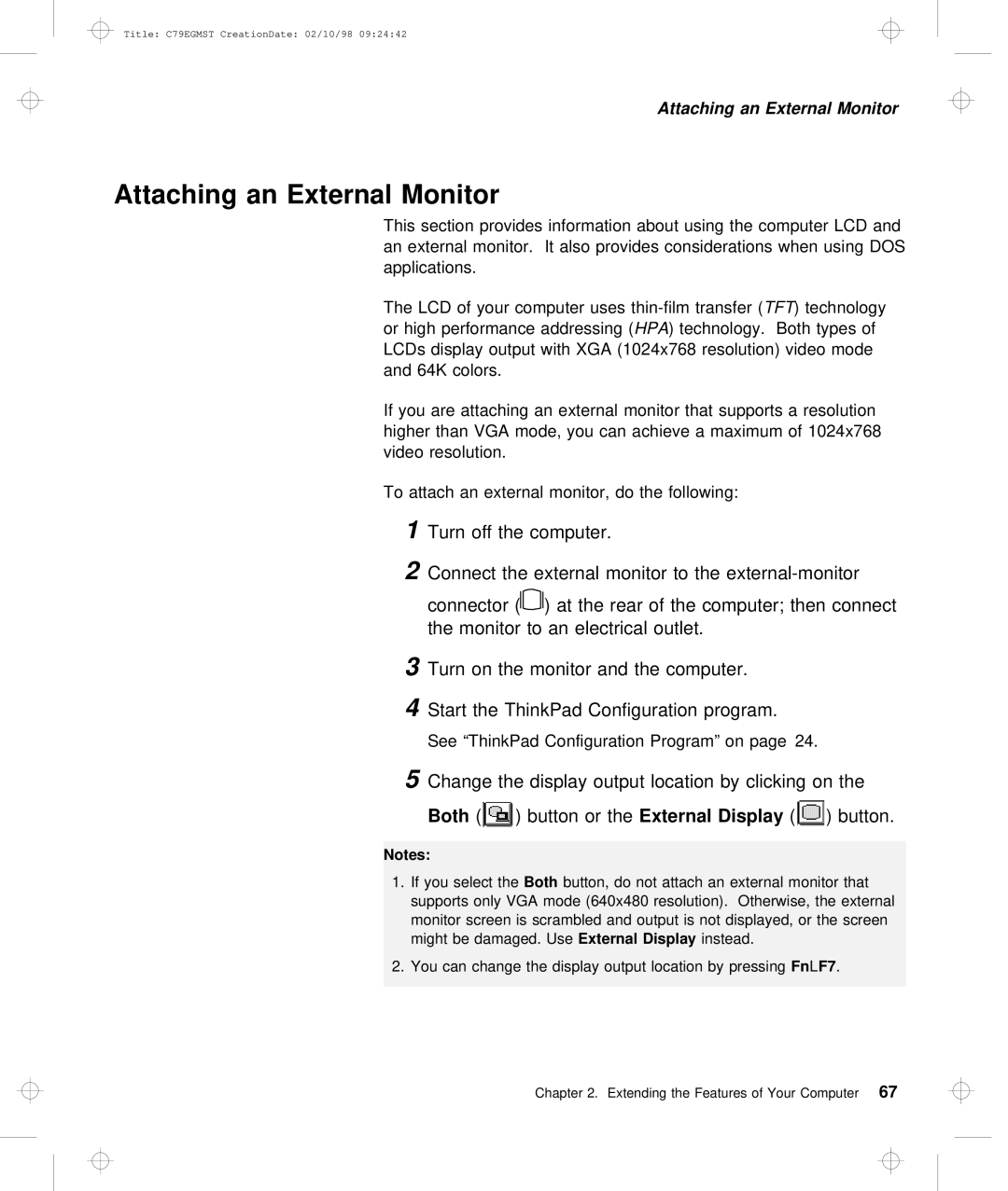 IBM C79EGMST Attaching an External Monitor, Display output location by clicking on t, Both Button orExternal the Display 