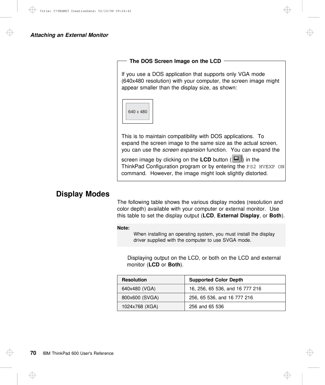 IBM C79EGMST manual Display Modes, OrBoth, Color Depth 