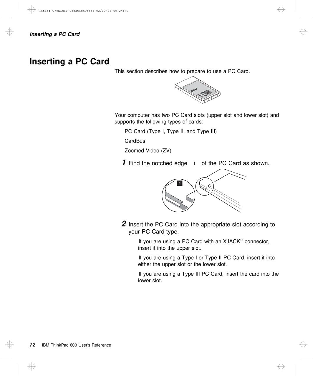 IBM C79EGMST manual Inserting a PC Card 