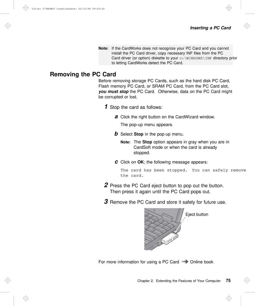 IBM C79EGMST manual Removing the PC Card, 1Stop the card as follows 