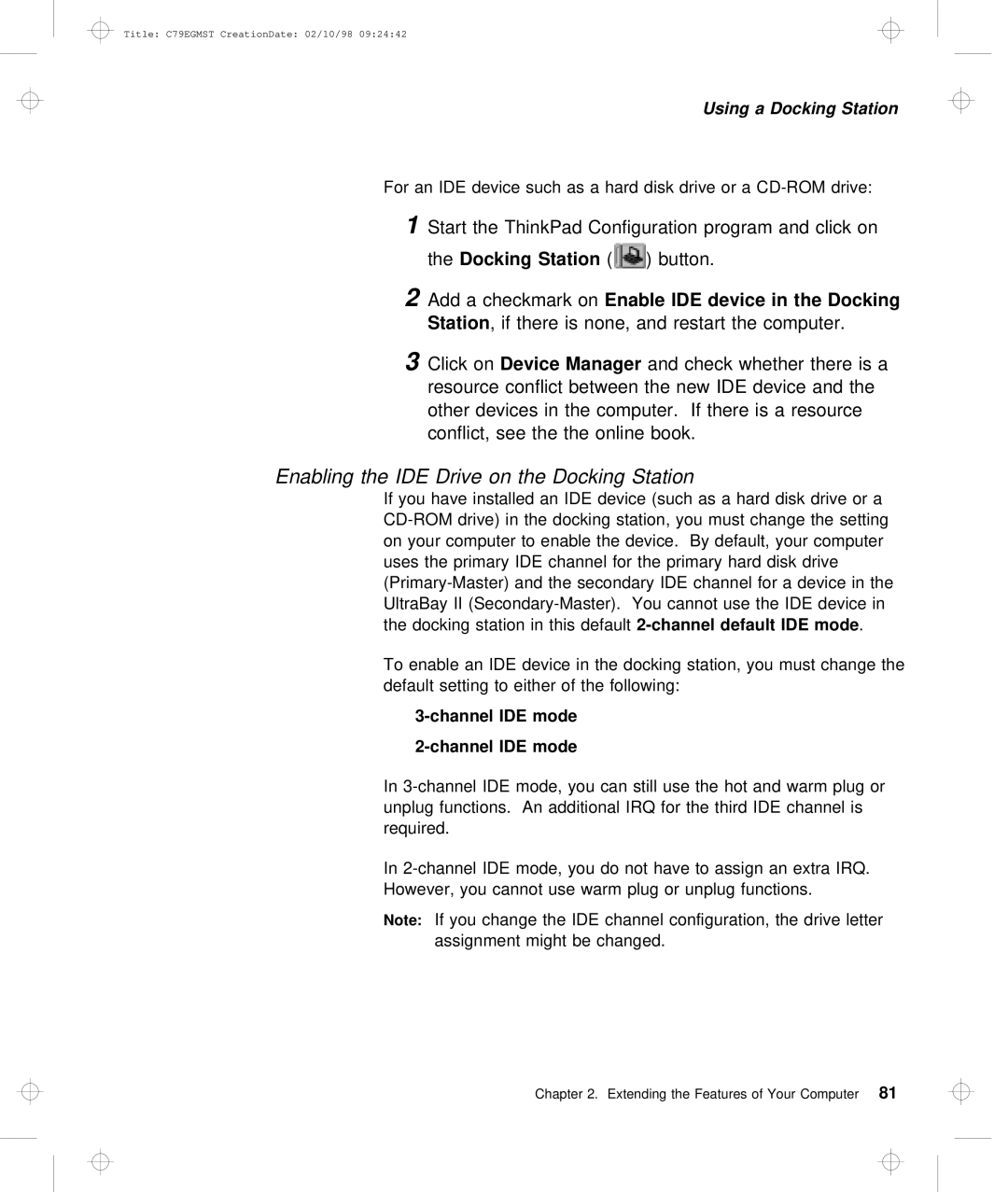 IBM C79EGMST manual Enabling, Drive Docking Station, Button Add, channel IDE mode, you can still use the hot and warm 