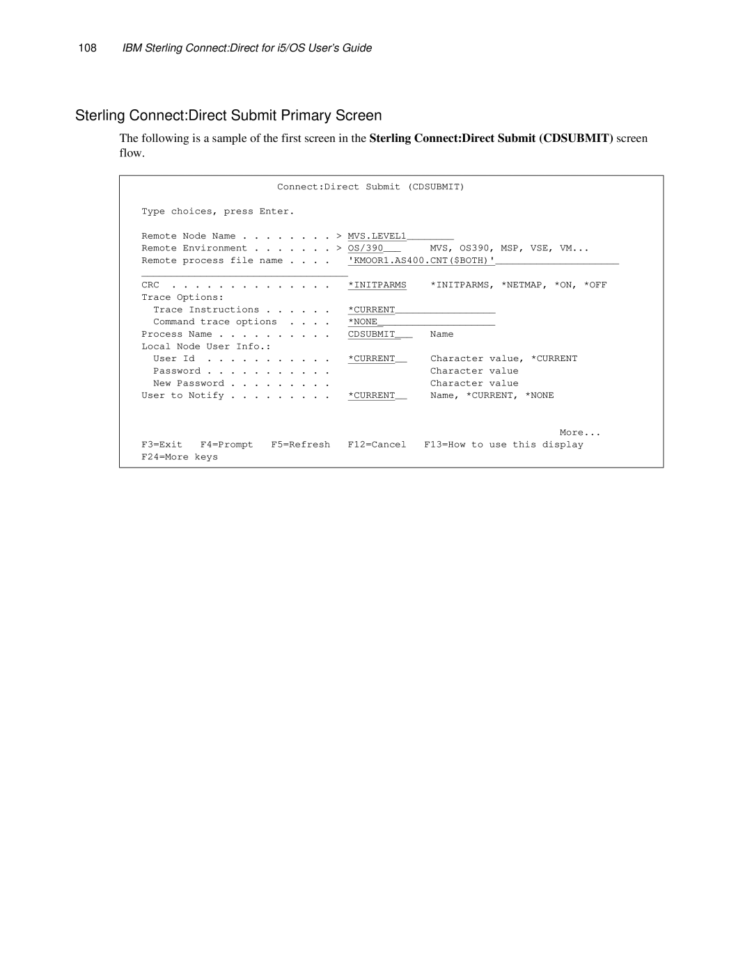 IBM CDI5UG1107 manual Sterling ConnectDirect Submit Primary Screen 