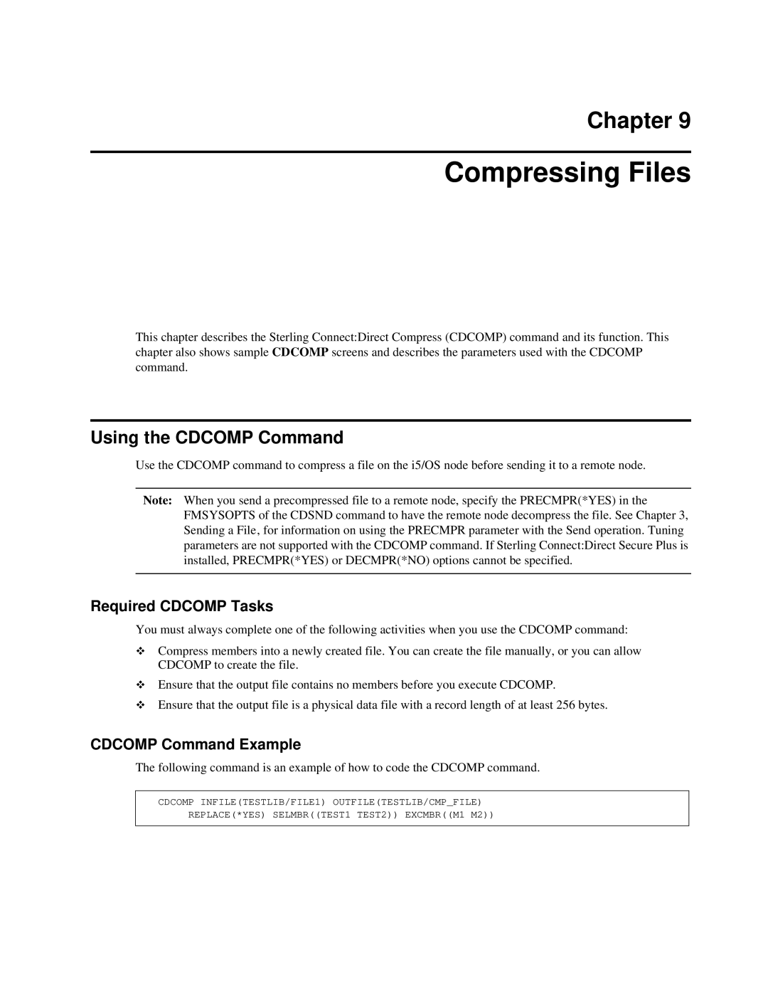 IBM CDI5UG1107 manual Compressing Files, Using the Cdcomp Command, Required Cdcomp Tasks, Cdcomp Command Example 