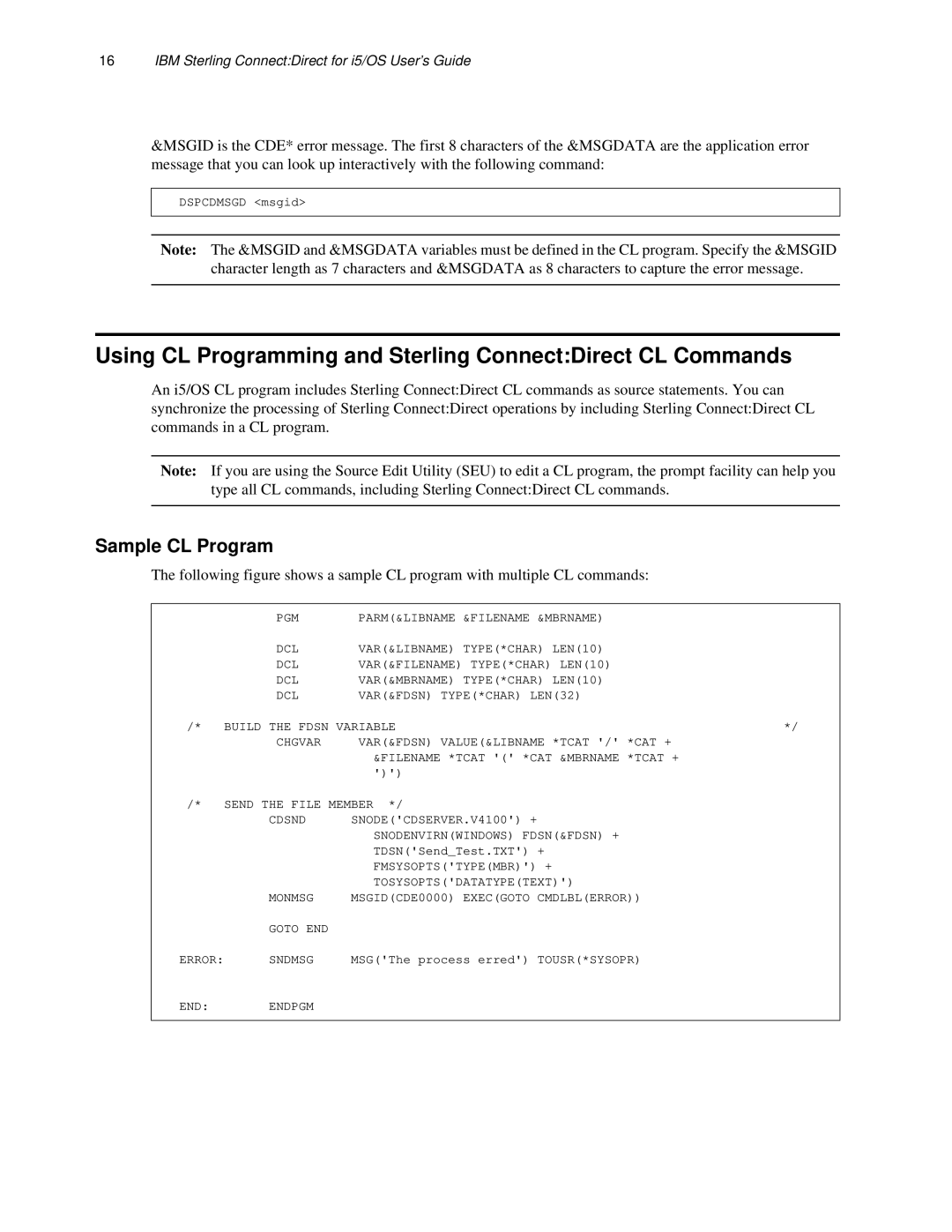 IBM CDI5UG1107 manual Using CL Programming and Sterling ConnectDirect CL Commands, Sample CL Program 