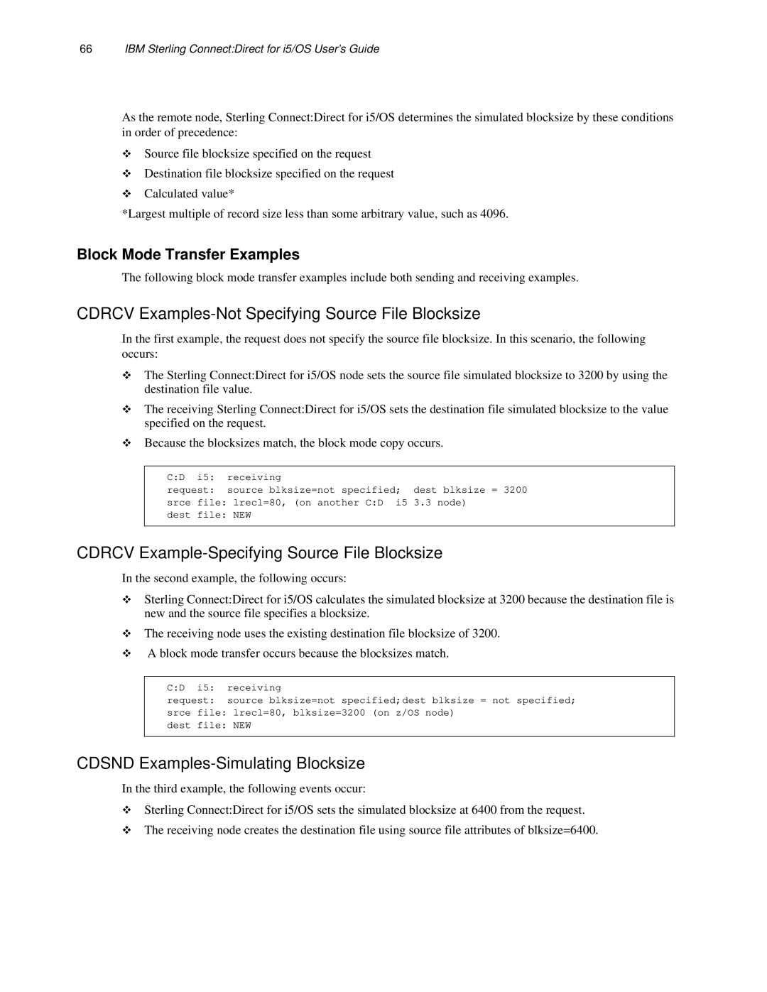 IBM CDI5UG1107 manual Cdrcv Examples-Not Specifying Source File Blocksize 