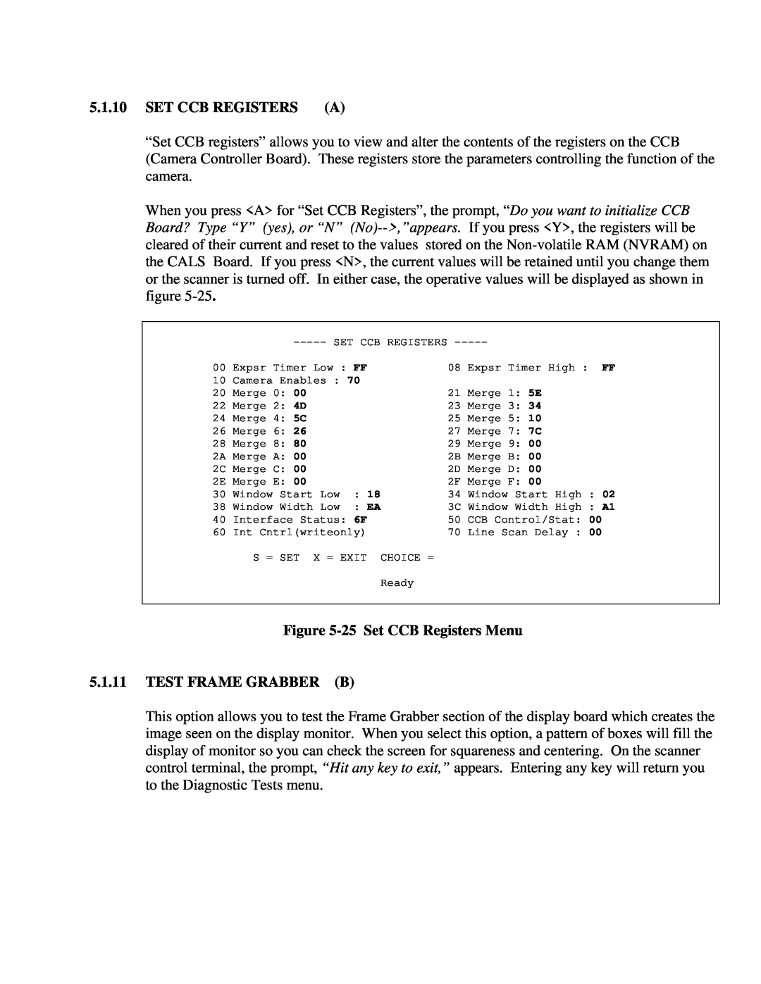 IBM CF Series manual Set Ccb Registers A, 25 Set CCB Registers Menu 5.1.11 TEST FRAME GRABBER B 