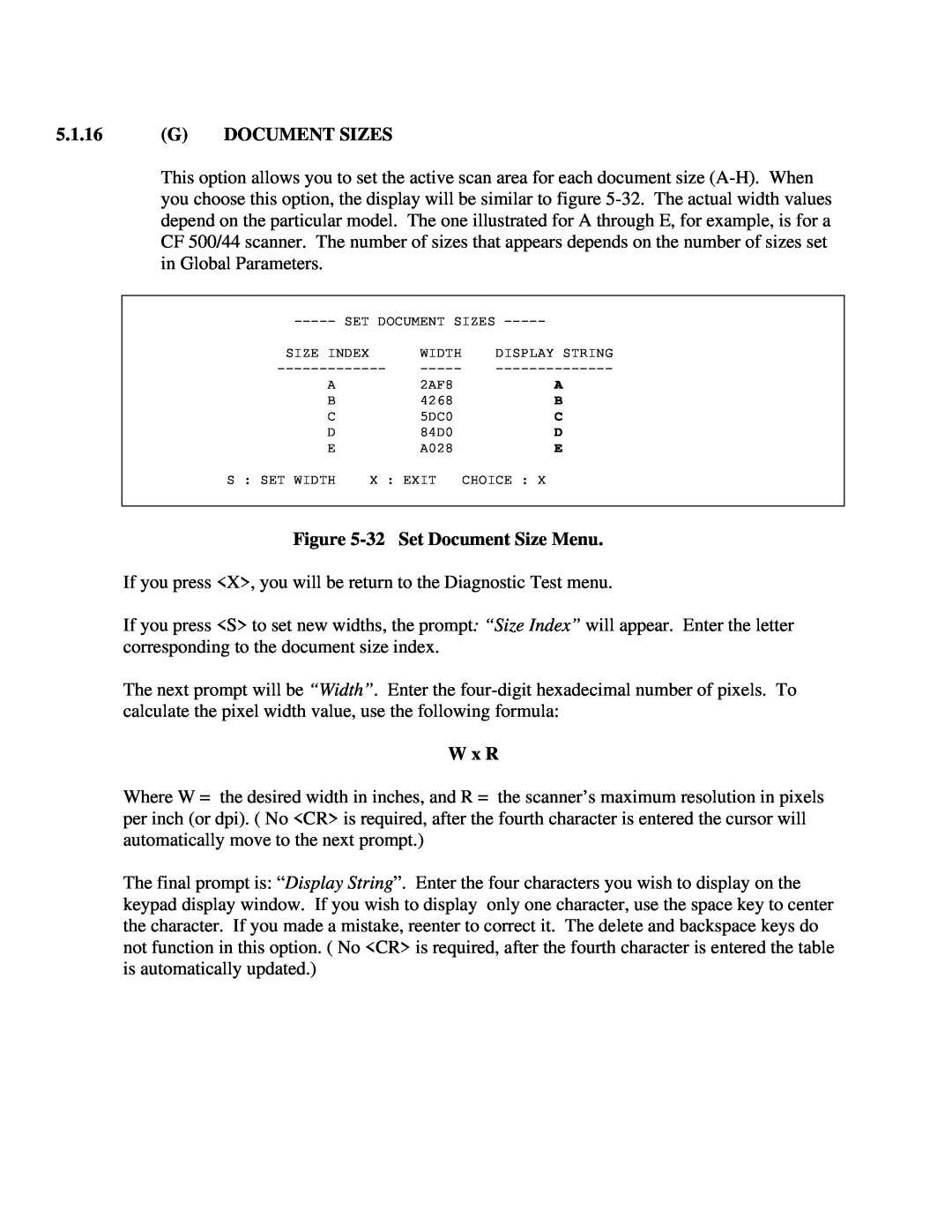 IBM CF Series manual G Document Sizes, 32 Set Document Size Menu, W x R 