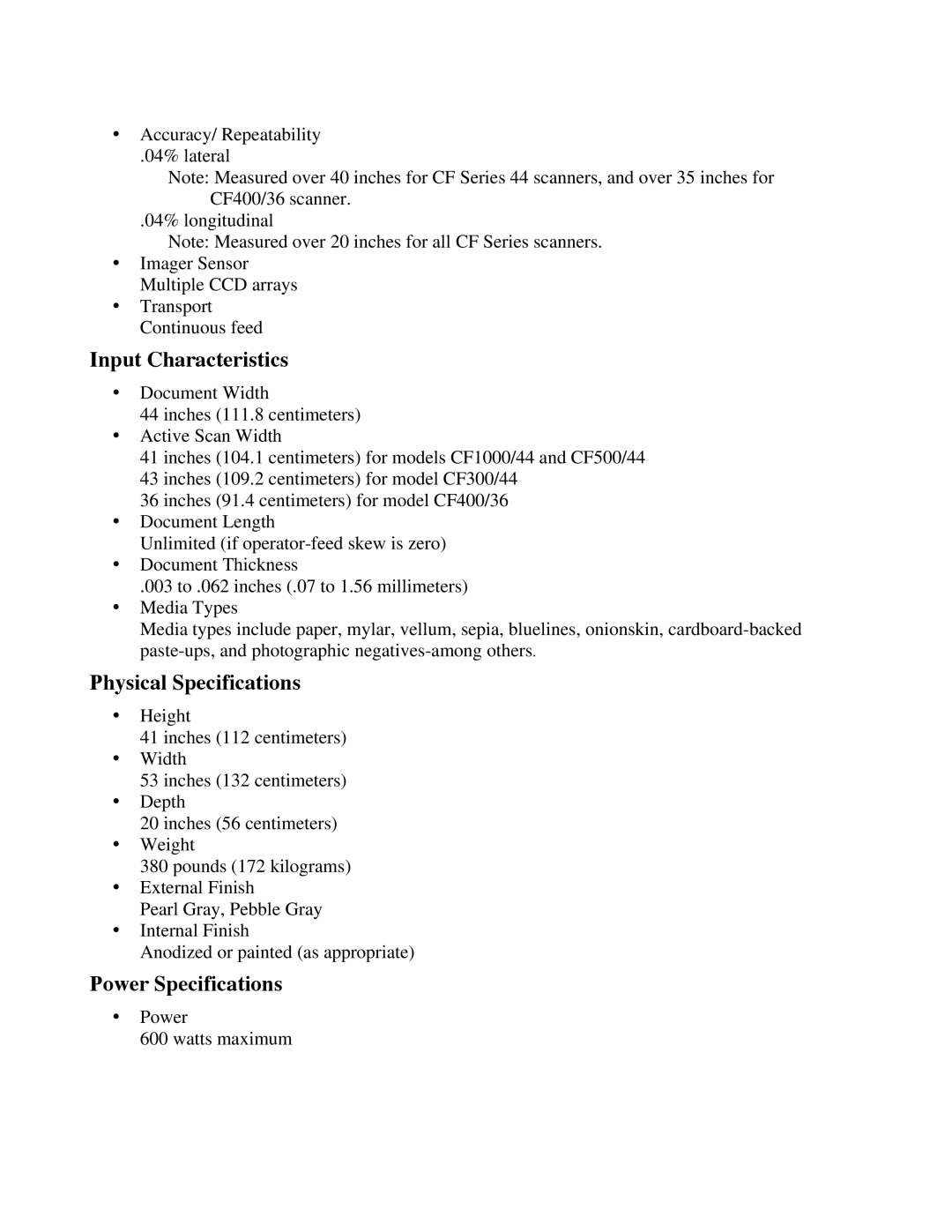 IBM CF Series manual Input Characteristics, Physical Specifications, Power Specifications 