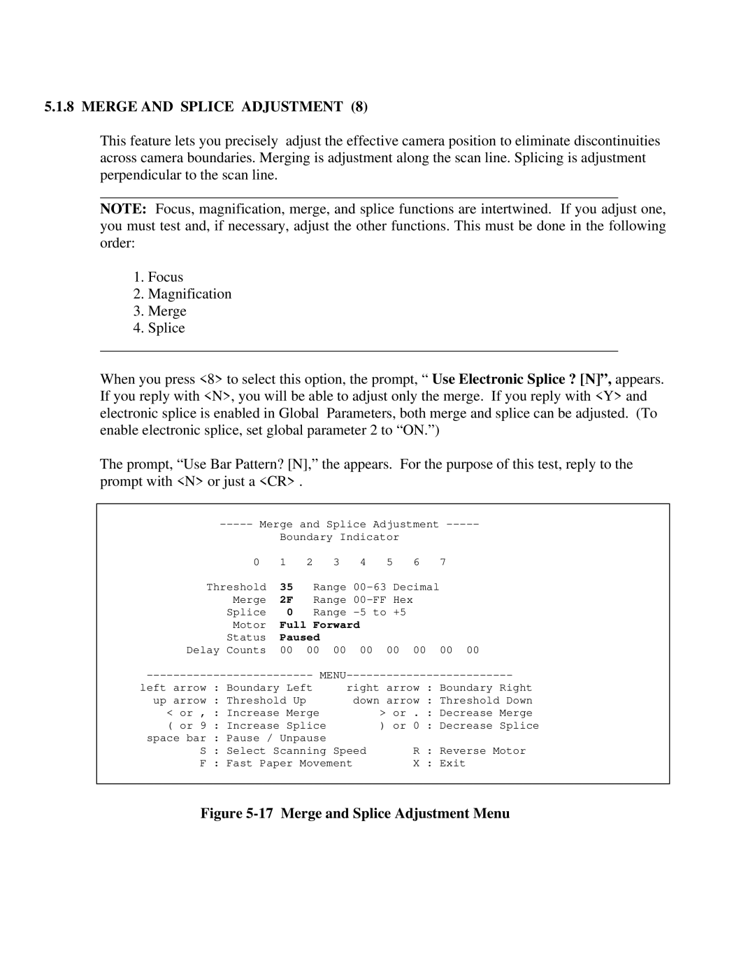 IBM CF Series manual Merge and Splice Adjustment Menu 